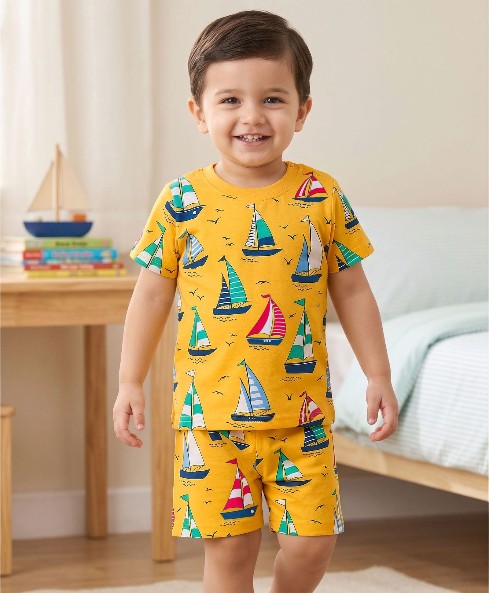 Babyhug Cotton Knit Half Sleeves Nautical Theme Printed Co-Ords T-Shirt & Shorts Night Suit - Yellow-image-34