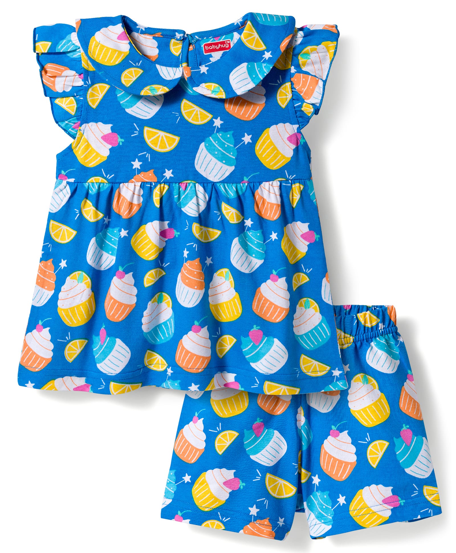 Babyhug Cotton Knit Frill Sleeves Co-ords Top & Shorts Night Suit with Tropical Theme Print - Blue-image-48