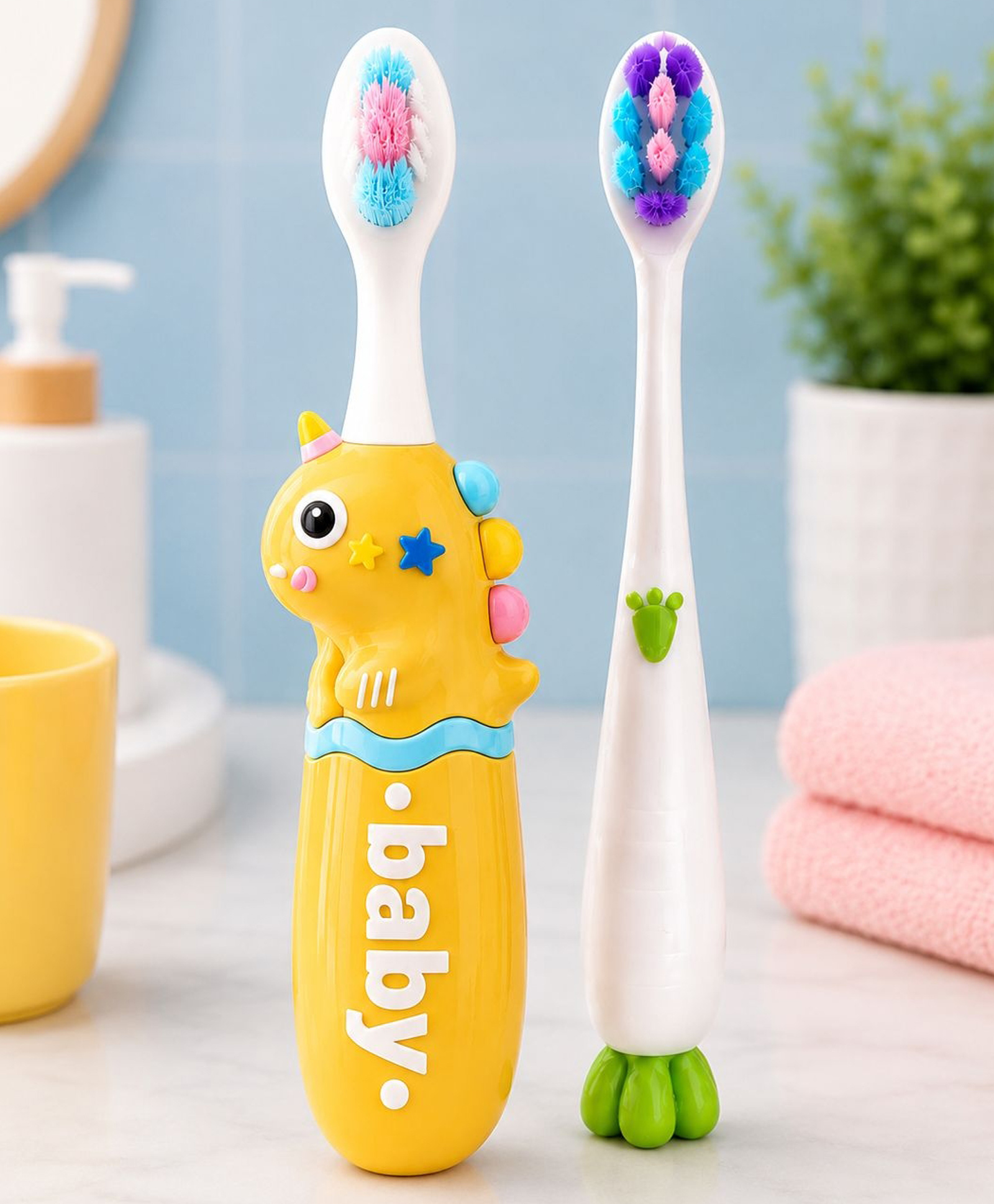 Totilo Baby Toothbrush, Soft & Safe First Toothbrush for Kids (Pack of 2)- Green & Blue-image-40