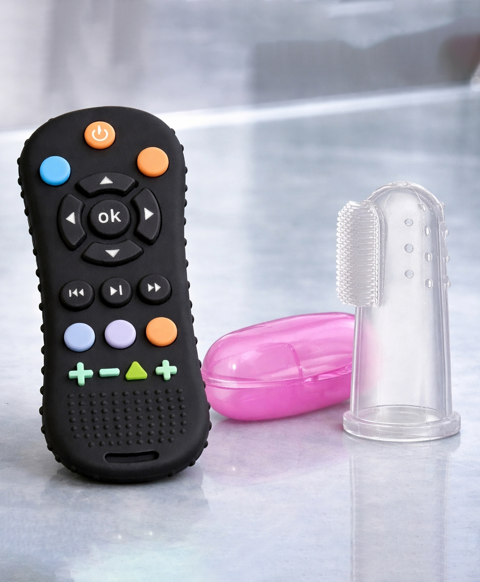 Totilo Baby Remote Teether And BPA Free Silicone Finger Brush-Black + Pink-picture-22