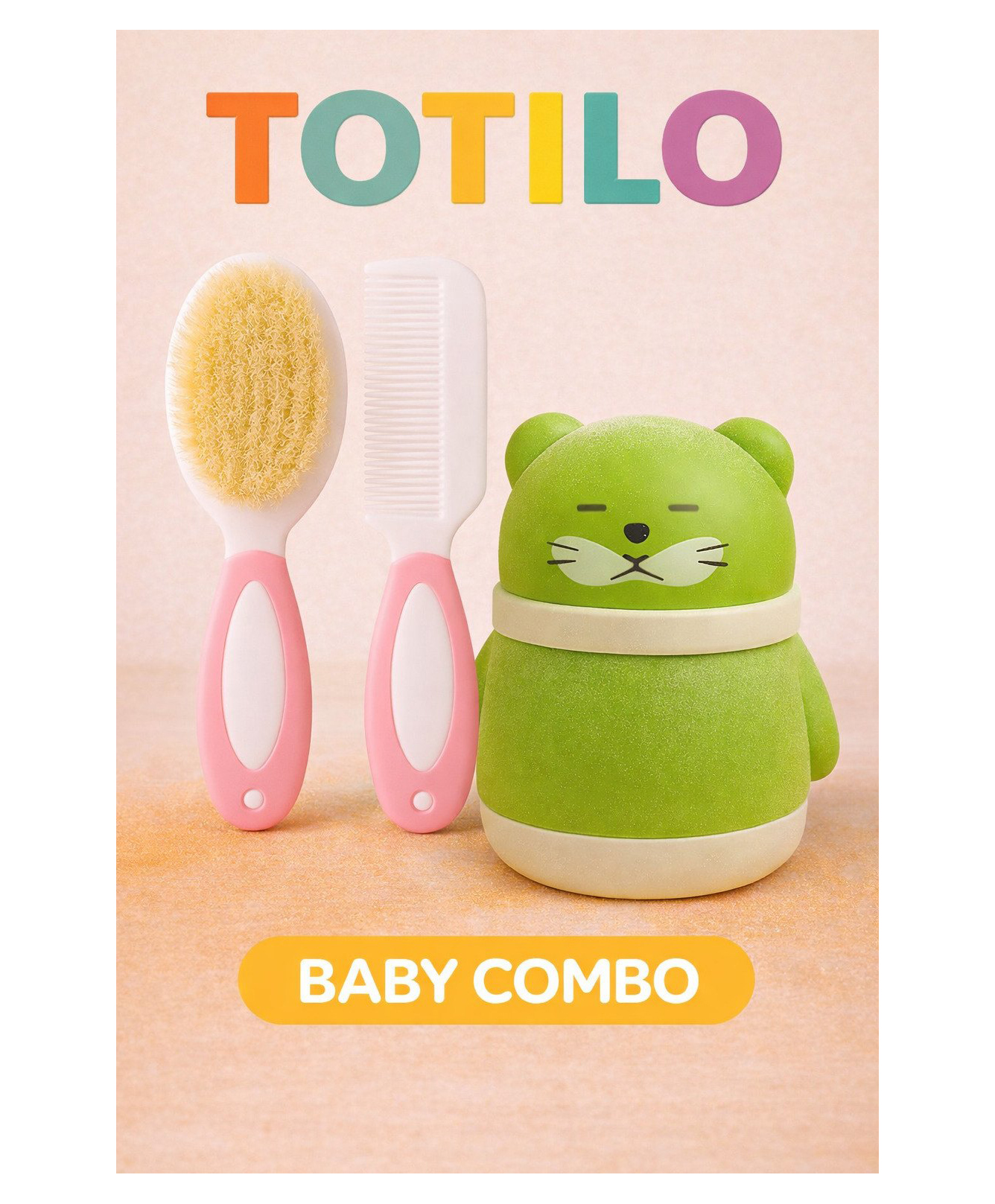 Totilo Baby Soft Bristles Hair Brush Comb And Teddy Powder Puff- Pink+Green-image-19