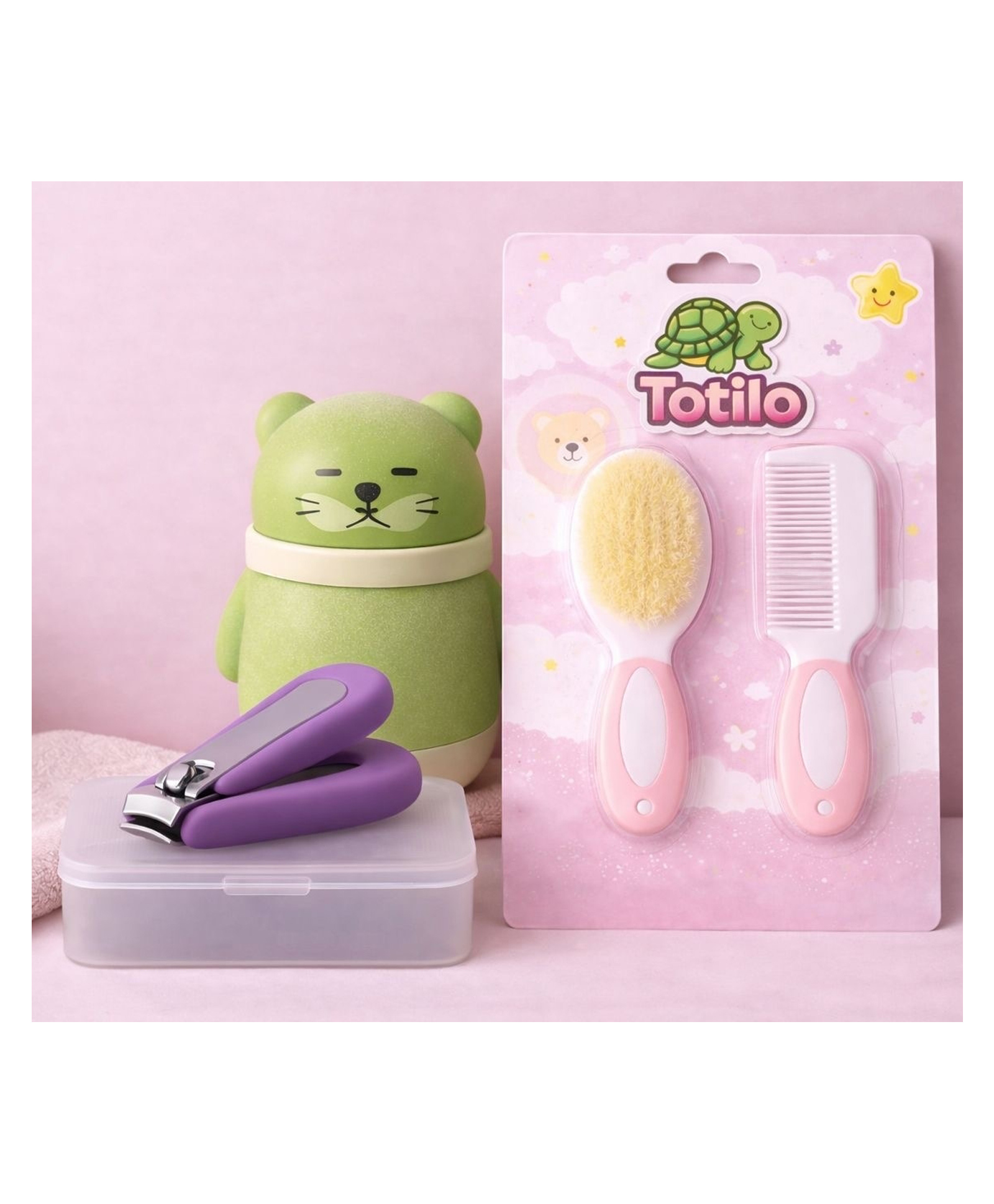 Totilo Baby Soft Bristles Hair Brush Comb And Teddy Powder Puff & Nail Clipper- Pink, Green & Purple-image-35