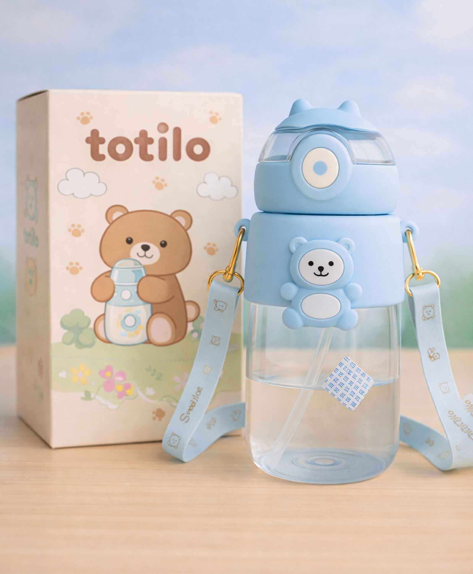 Totilo Water Bottle Sipper with Bear Design Adjustable Shoulder Strap, Clear BPA Free Plastic Sipper- 850 ml - Blue-image-13
