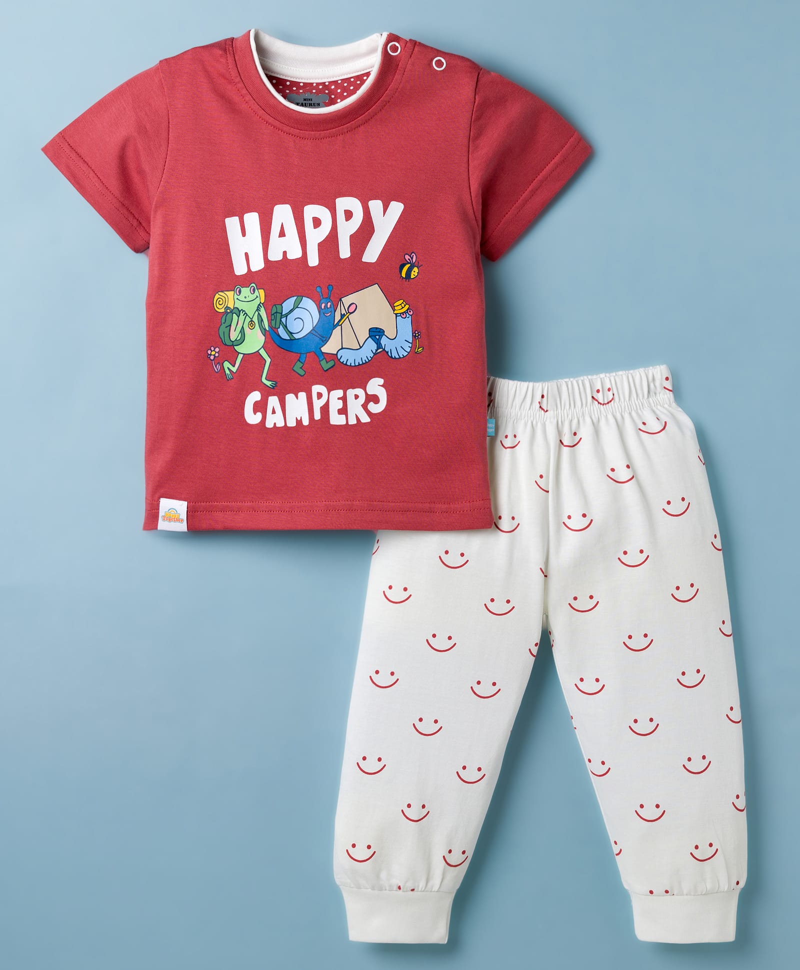 Mini Taurus Sinker Knit Half Sleeves T-Shirt & Lounge Pant Set with Happy Campers Print - Red-picture-47