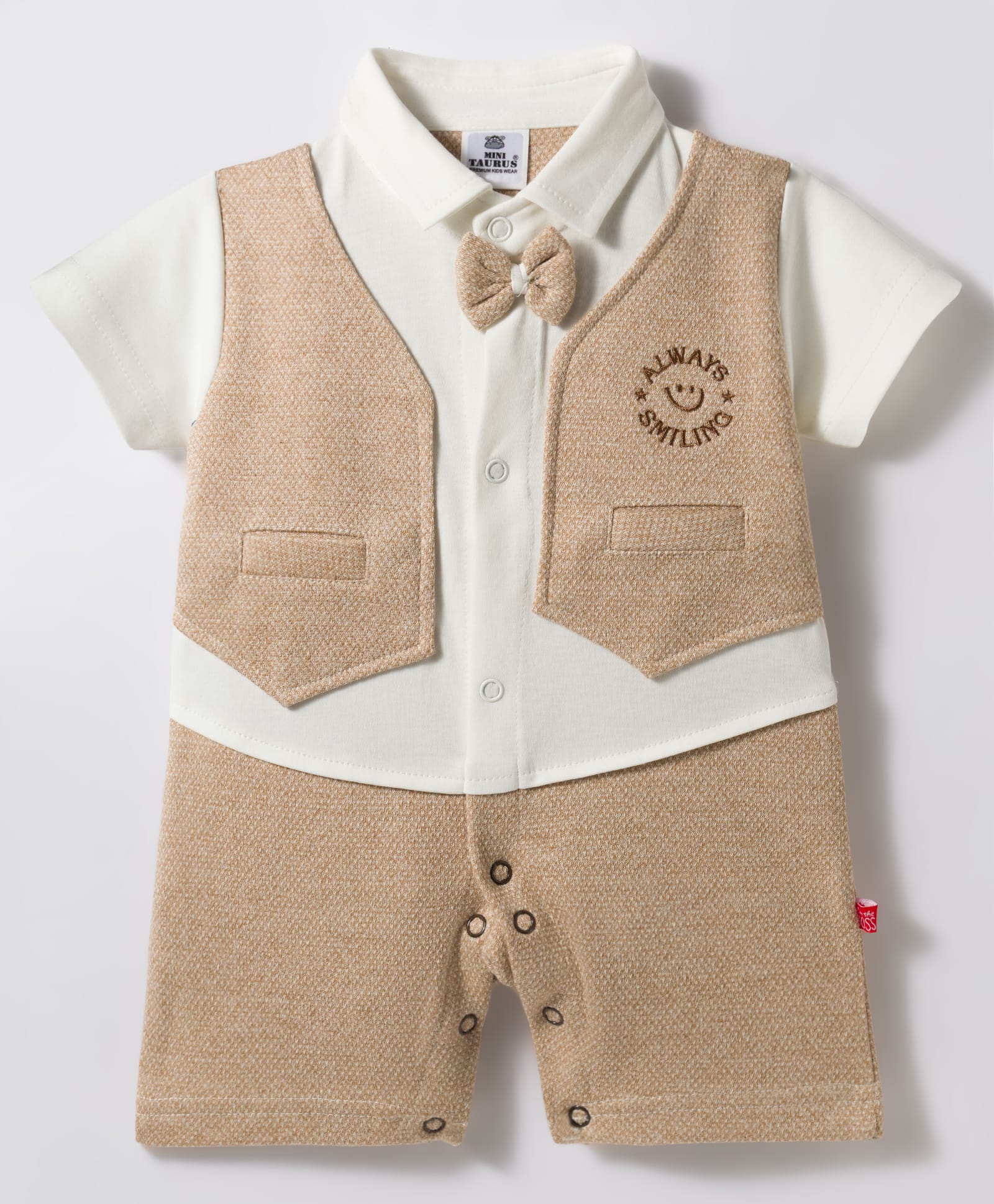 Mini Taurus Interlock Knit Half Sleeves Party Romper with Bow Applique & Embroidery - Grey-picture-27