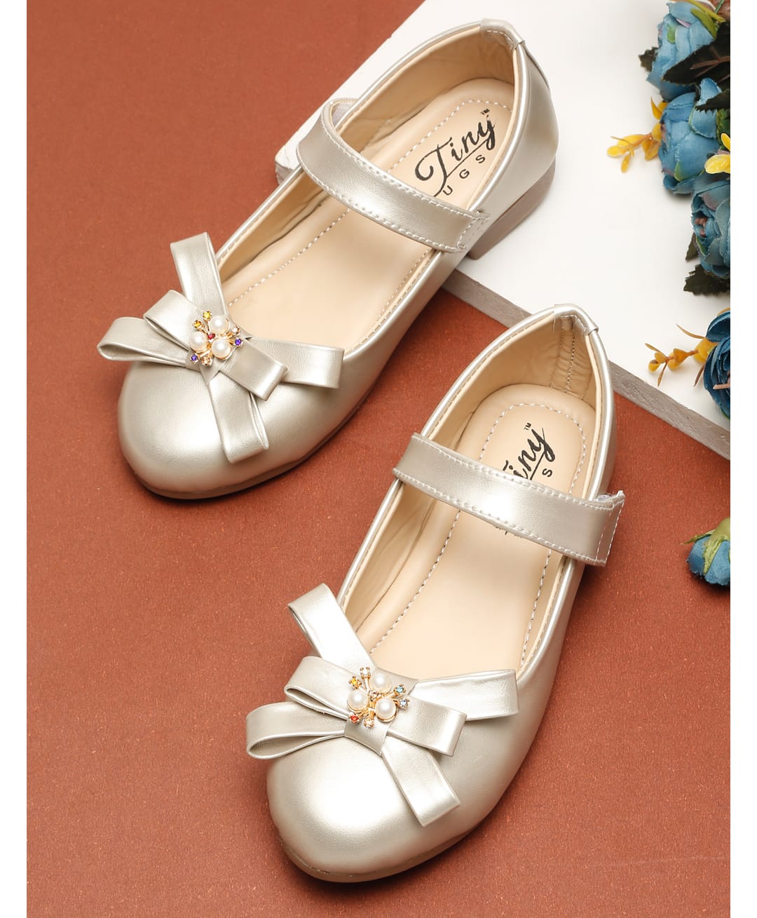 Tiny Bugs Bow Applique Detailed Pearls Embellished Velcro Closure Mary Jane Ballerinas - Gold-picture-41