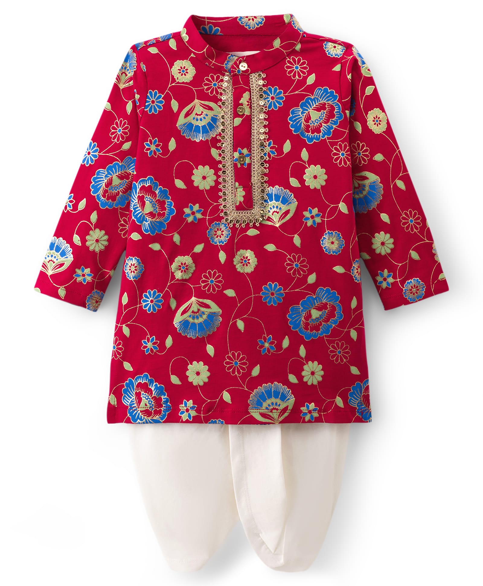 EARTHY TOUCH Cotton Jersey Knit Full Sleeves Kurta & Dhoti Set With Floral Print & Lace Detailing - Dark Pink-picture-25