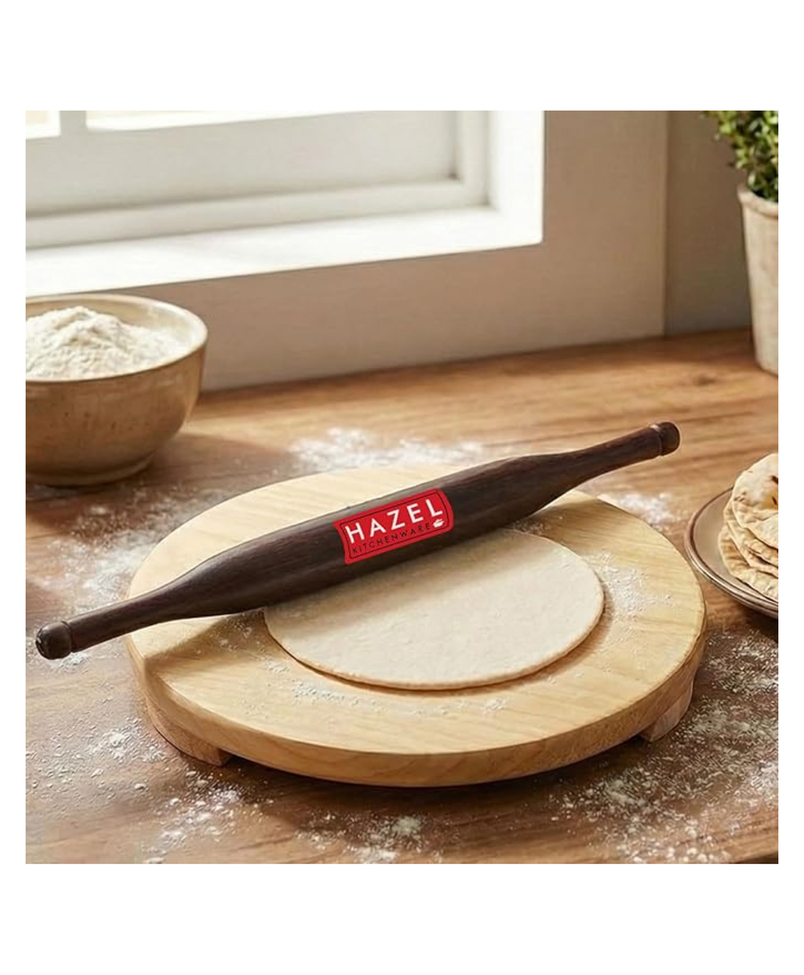HAZEL Wood Polpat Chakla Roti Chapati Maker 21 cm With Sheesham Roti Roller Belan Rolling Pin 34 cm-picture-8