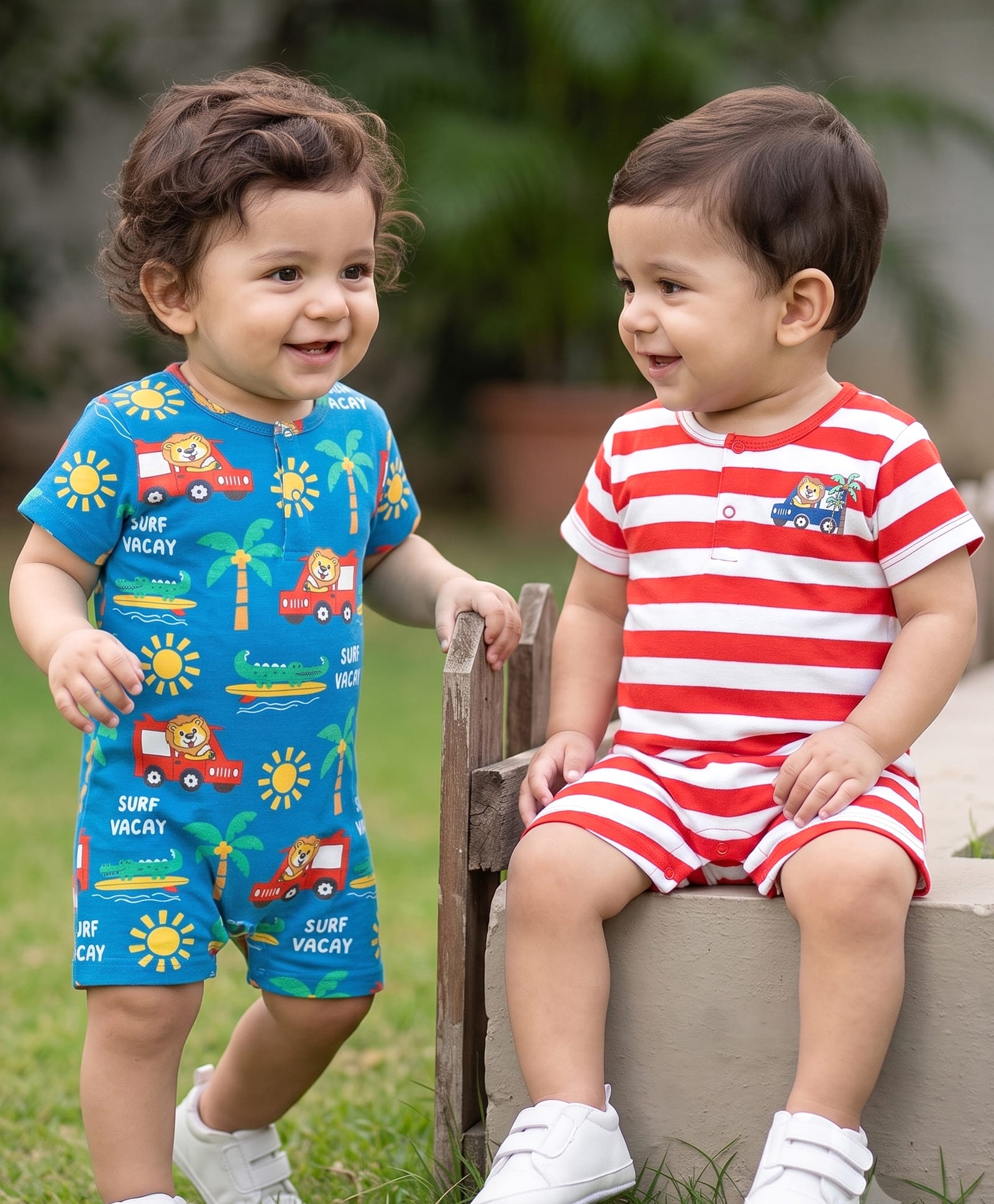 Babyhug 100% Cotton Knit Half Sleeves Striped Rompers with Beach Theme Print Pack of 2 - Multicolor-image-49