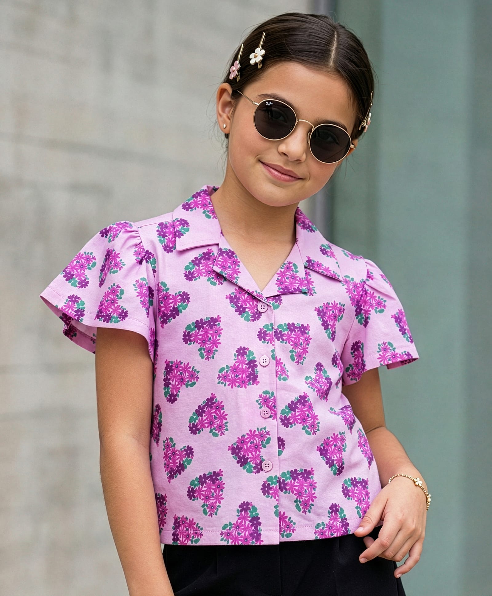 Pine Kids Cotton Knit Half Sleeves Top with Floral Print - Lilac-image-26