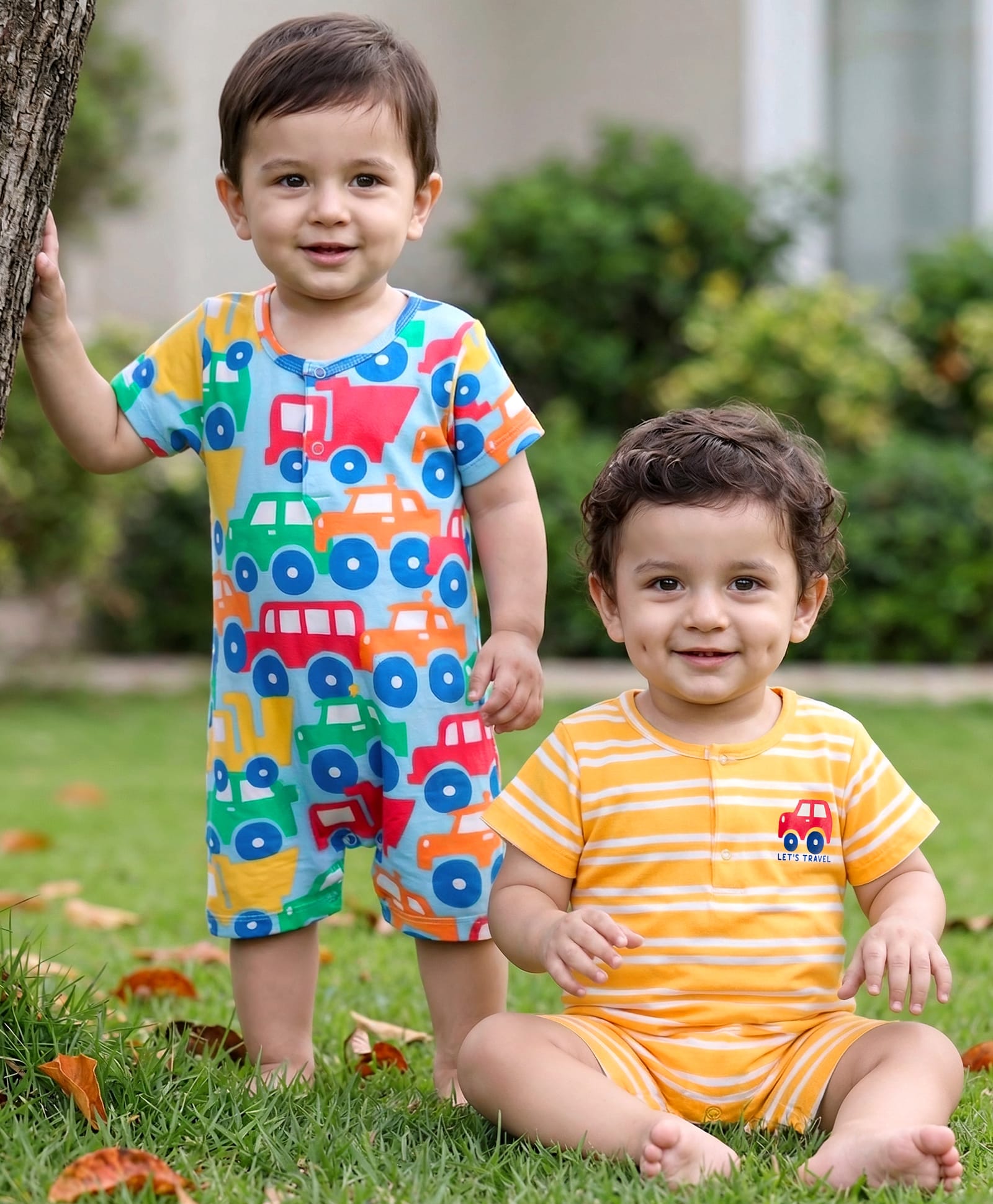 Babyhug 100% Cotton Knit Half Sleeves Striped Rompers with Car Print Pack of 2 - Multicolor-image-16