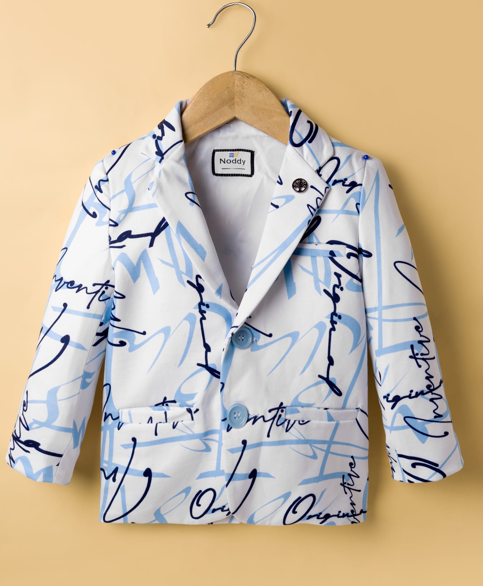 Noddy Full Sleeves Typography Printed & Brooch Detailed Blazer - Light Blue-picture-35