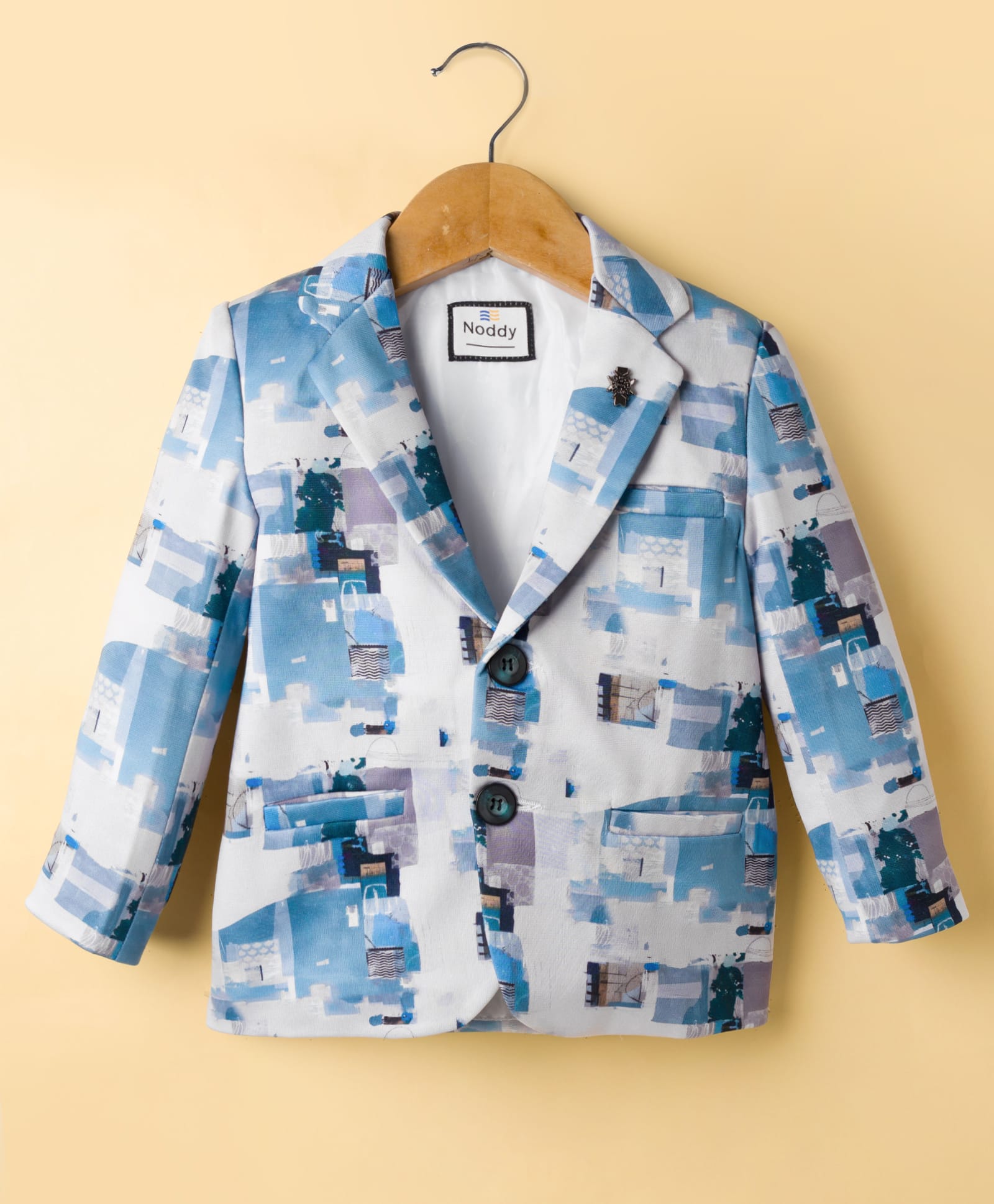 Noddy Full Sleeves Abstract Printed & Brooch Detailed Blazer - Turquoise-picture-28