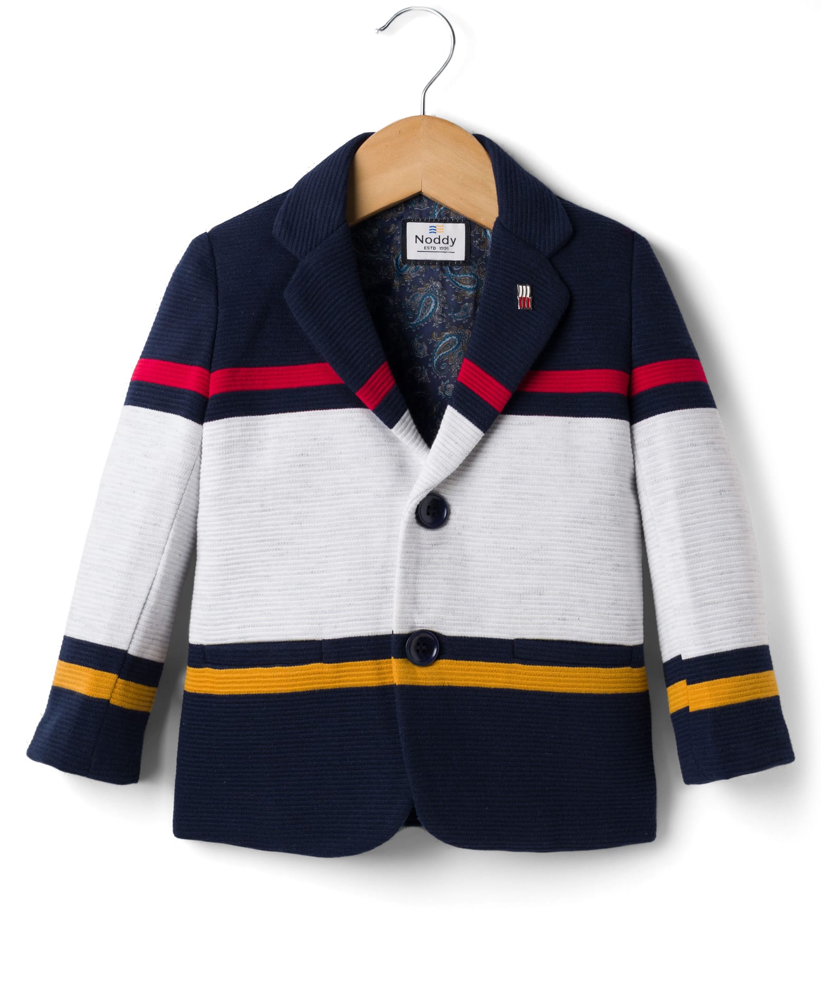Noddy Knitted Full Sleeves Colour Blocked & Brooch Detailed Blazer - Navy Blue-picture-27