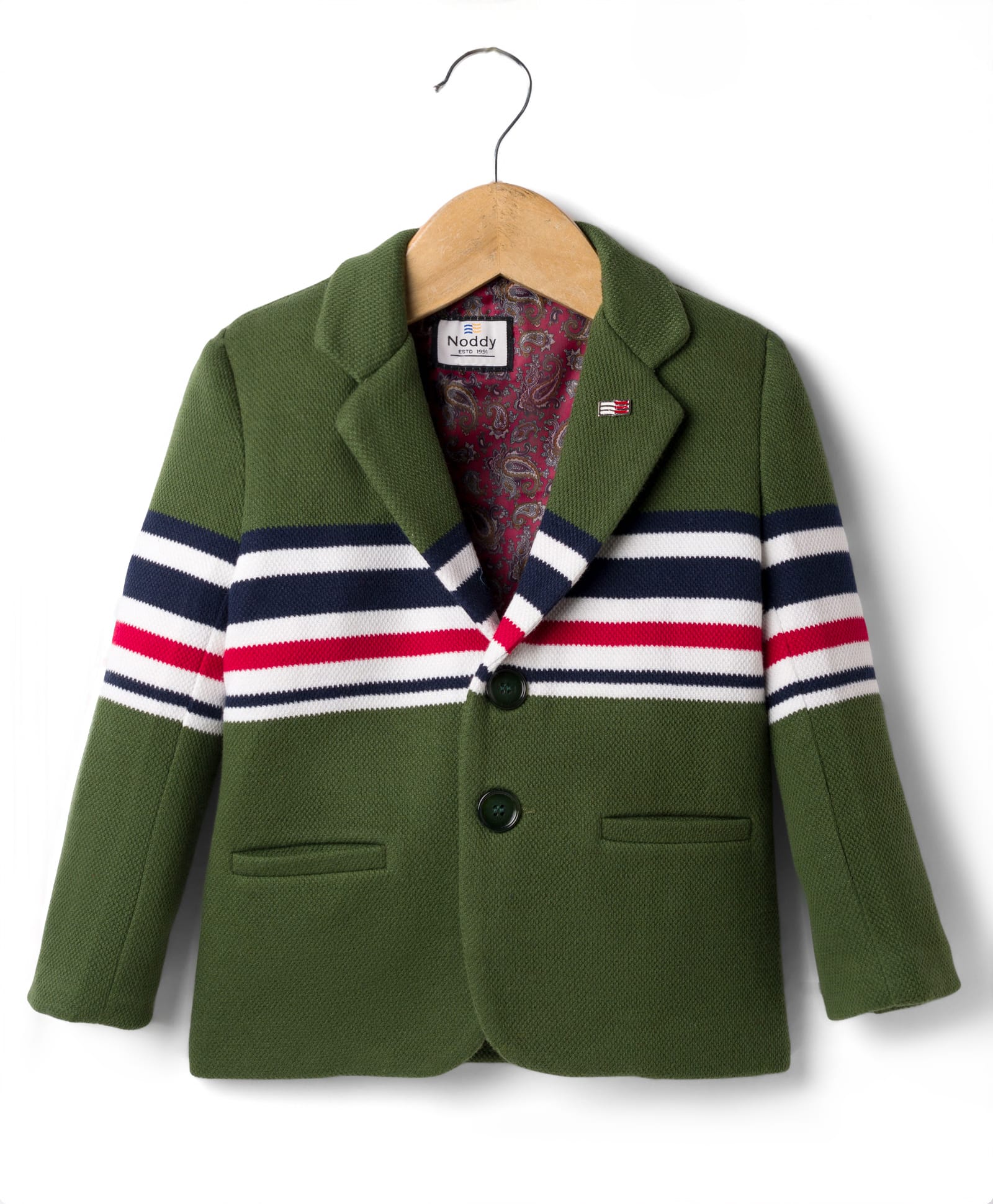 Noddy Full Sleeves Striped & Brooch Detailed Blazer - Olive Green-picture-25