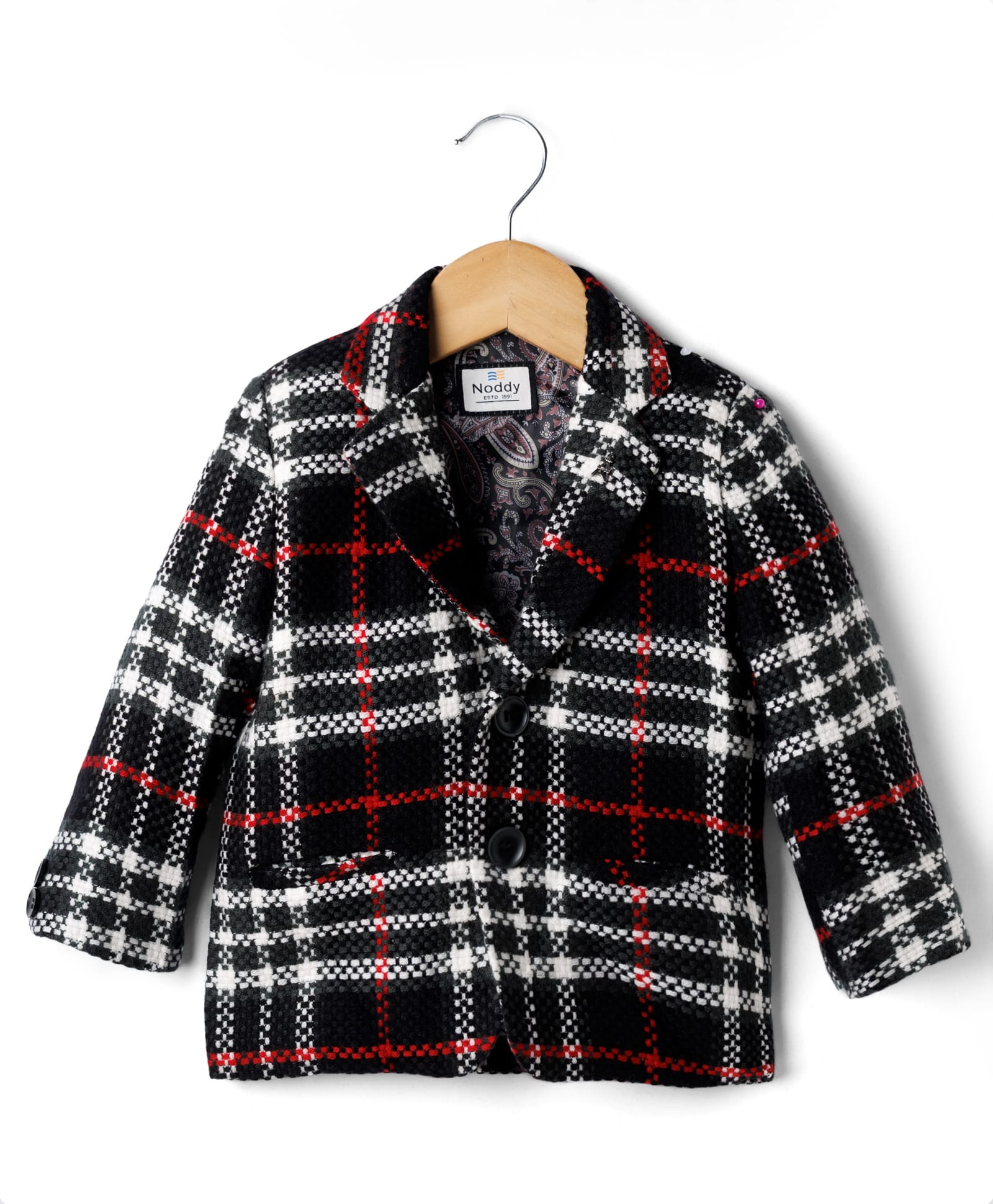 Noddy Full Sleeves Checked & Brooch Detailed Blazer - Black-picture-14