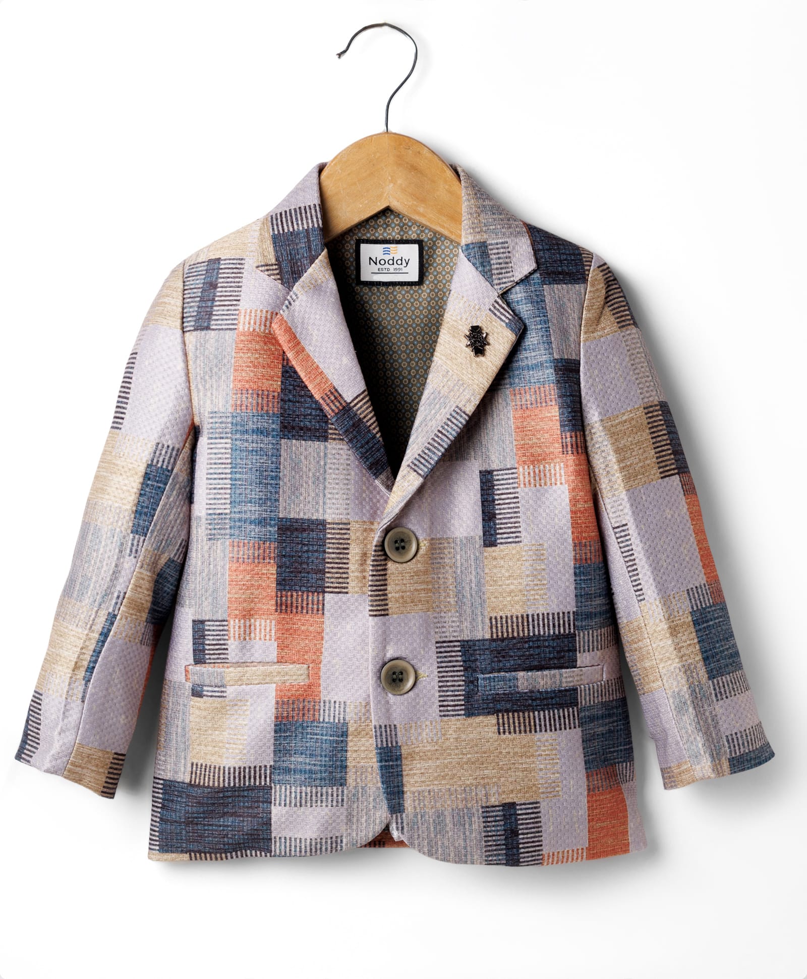 Noddy Knitted Full Sleeves Abstract Printed & Brooch Detailed Blazer - Grey-picture-32