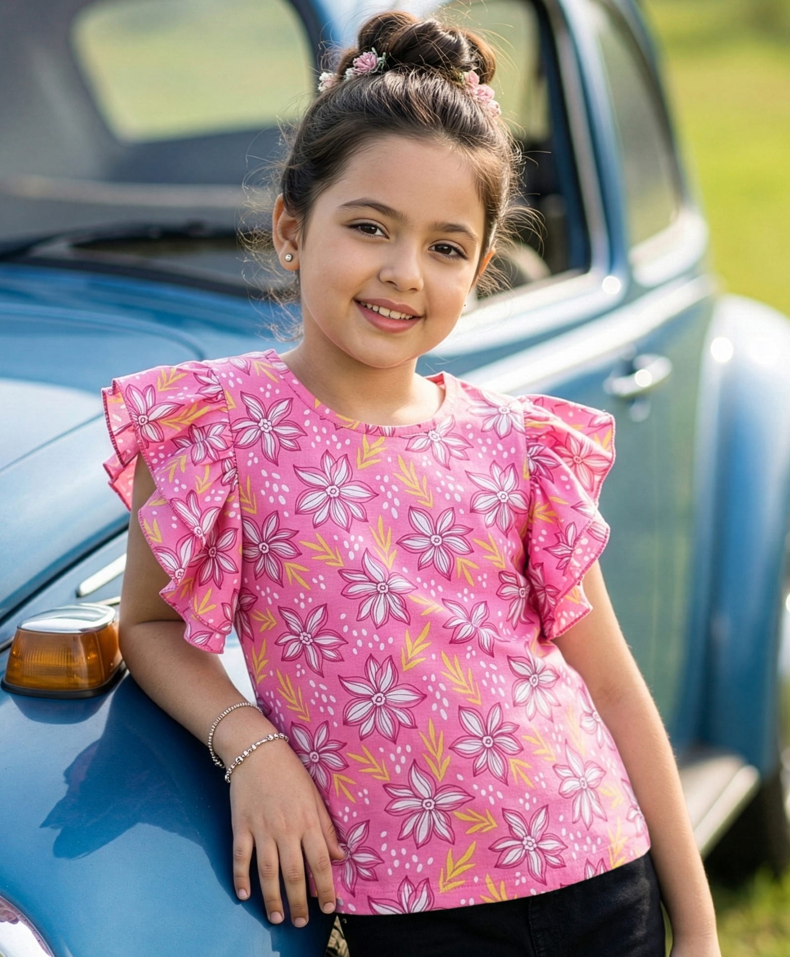Pine Kids Cotton Knit Flutter Sleeves Floral Printed Top - Pink-picture-15