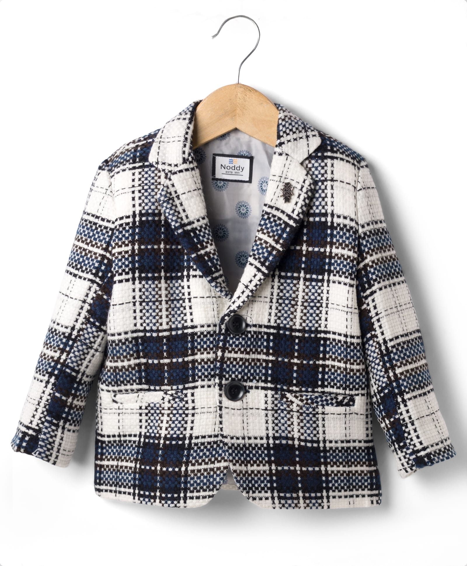 Noddy Full Sleeves Plaid Checked & Brooch Detailed Blazer - Navy Blue-picture-16