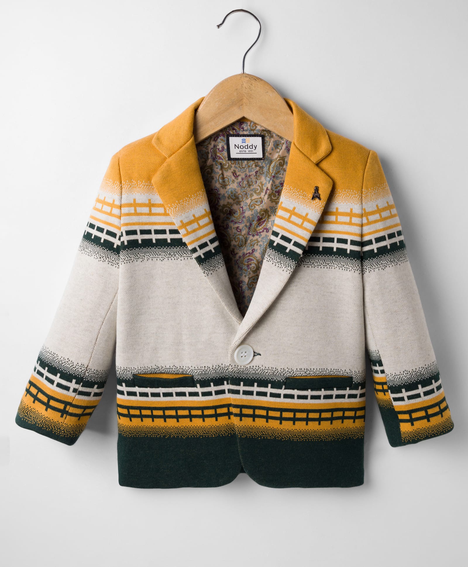 Noddy Full Sleeves Abstract Printed & Brooch Detailed Blazer - Mustard & White-image-34