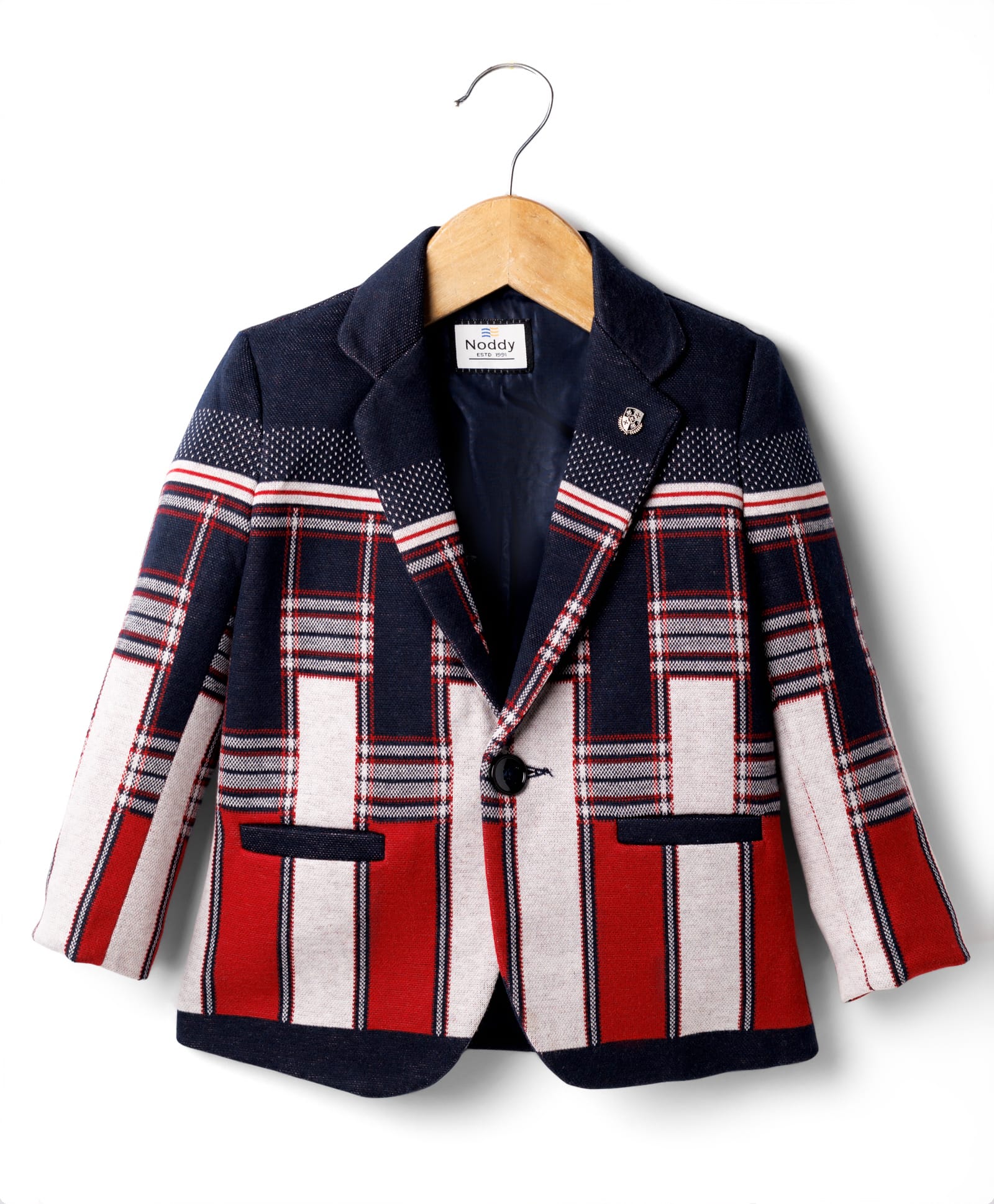 Noddy Full Sleeves Abstract Printed & Brooch Detailed Blazer - Red & Blue-picture-29