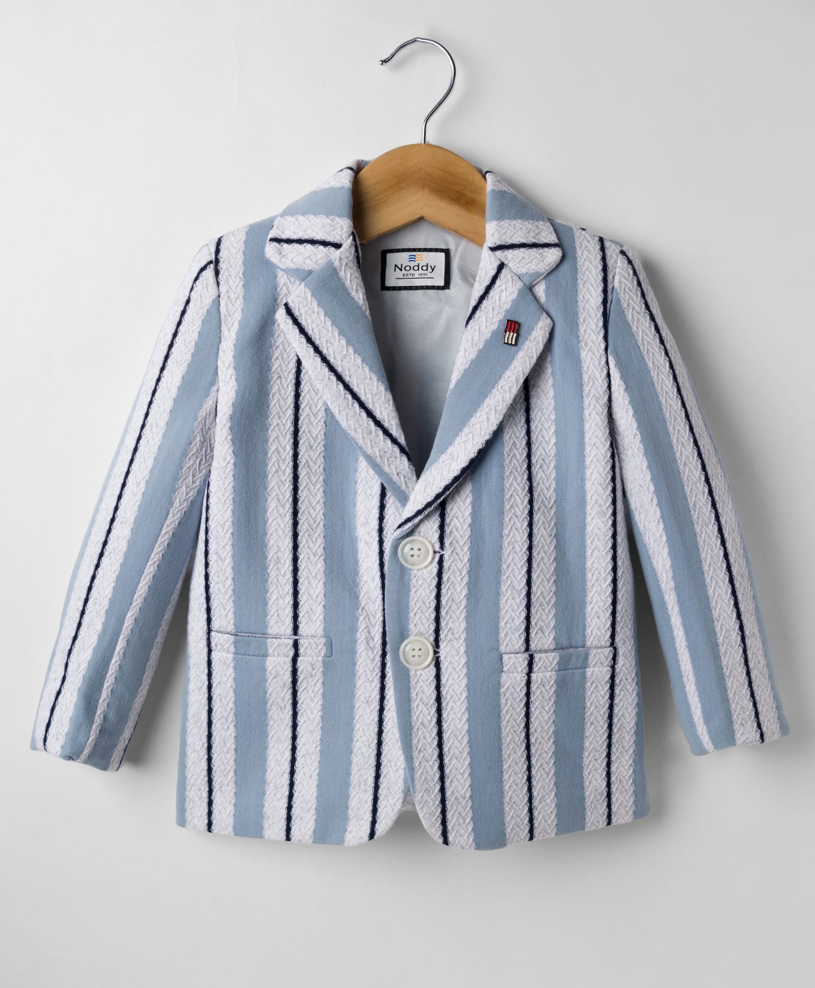 Noddy Full Sleeves Striped & Brooch Detailed Blazer - Light Blue-image-46