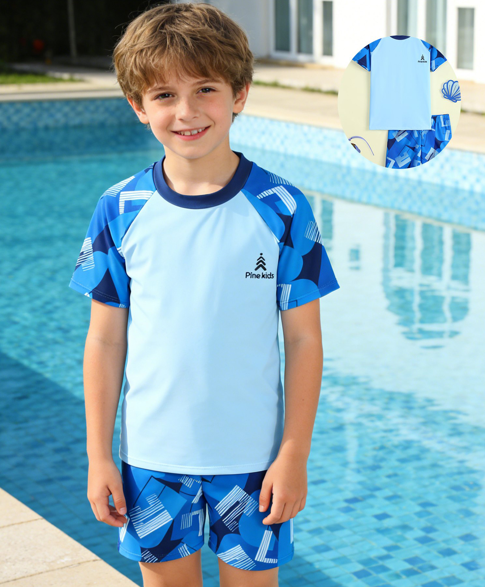 Pine Kids Half Raglan Sleeves Abstract Printed Two Piece Swimsuit - Blue-picture-28