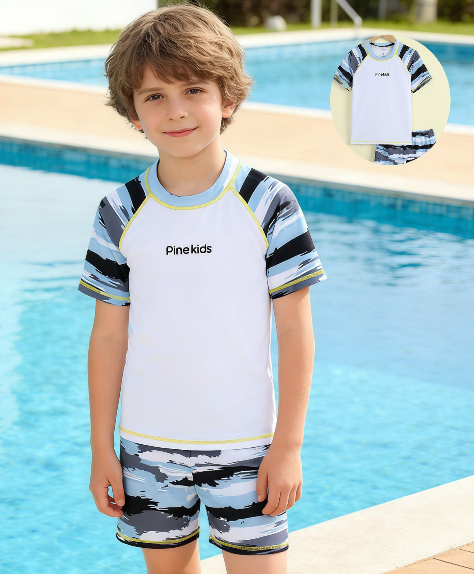 Pine Kids Half Raglan Sleeves Striped Two Piece Swimsuit - White-image-10