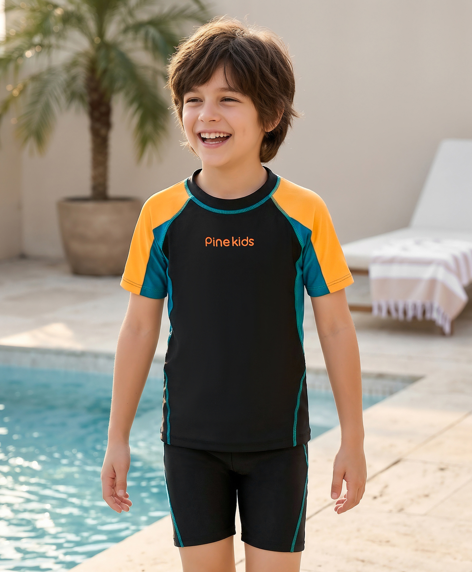 Pine Kids Half Raglan Sleeves Colour Block Two Piece Swimsuit with Text Print - Black-picture-10