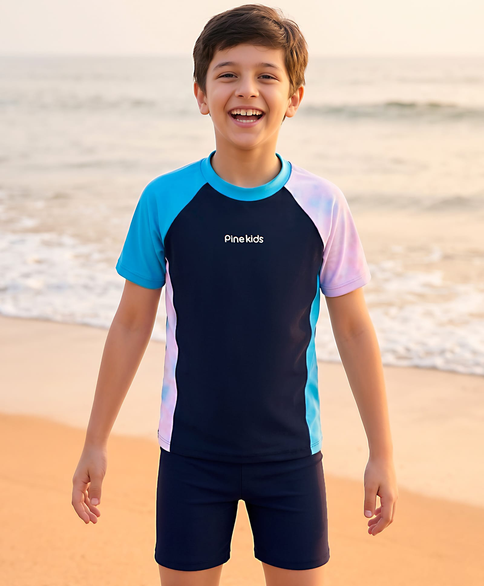 Pine Kids Half Raglan Sleeves Colour Block Two Piece Swimsuit with Text Print- Navy Blue-picture-15
