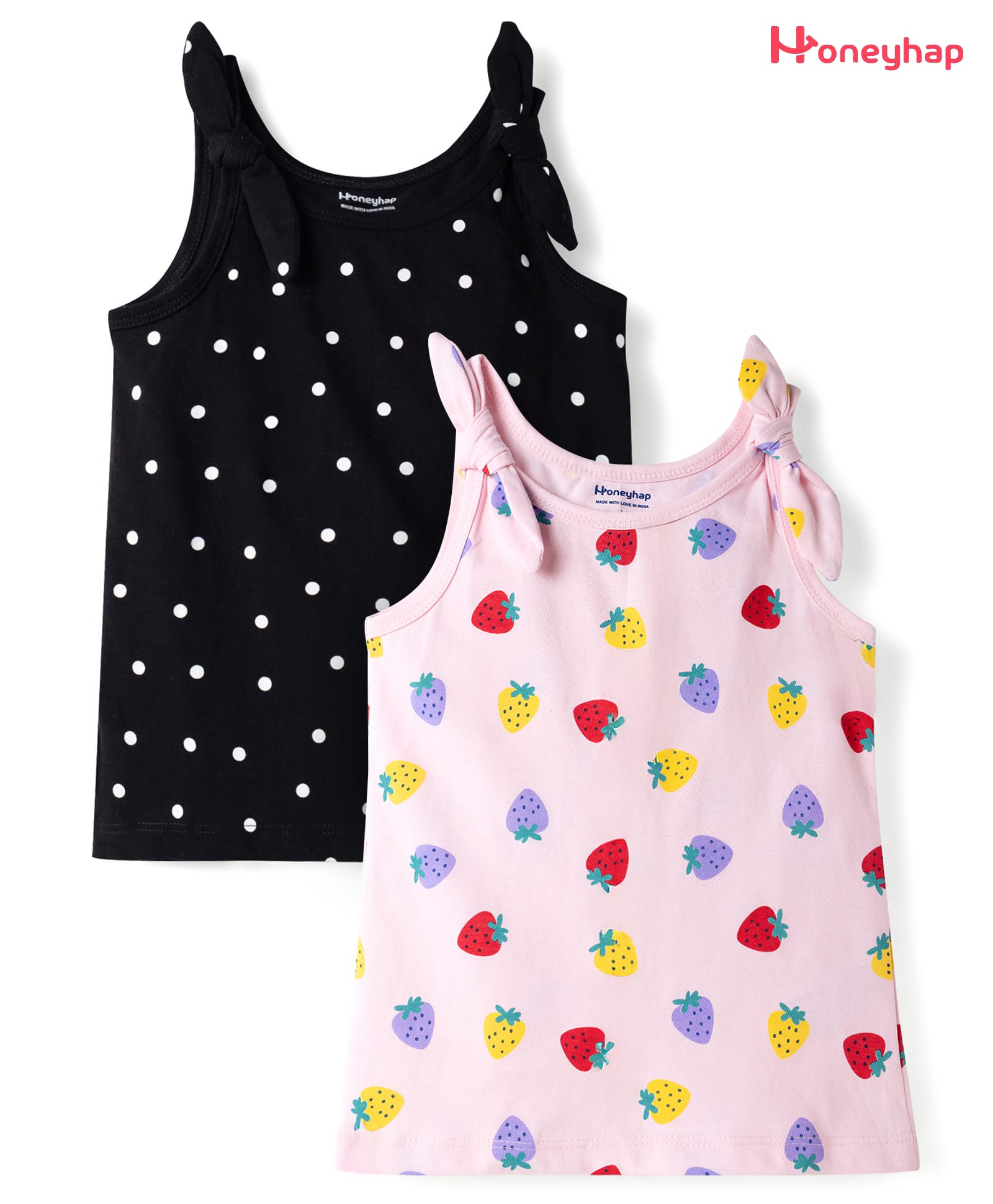 Honeyhap Premium 100% Cotton Knit Sleeveless Tops With Bio Wash Polka Dots & Strawberry Print Pack of 2 - Black Beauty & Pink A Boo-image-12