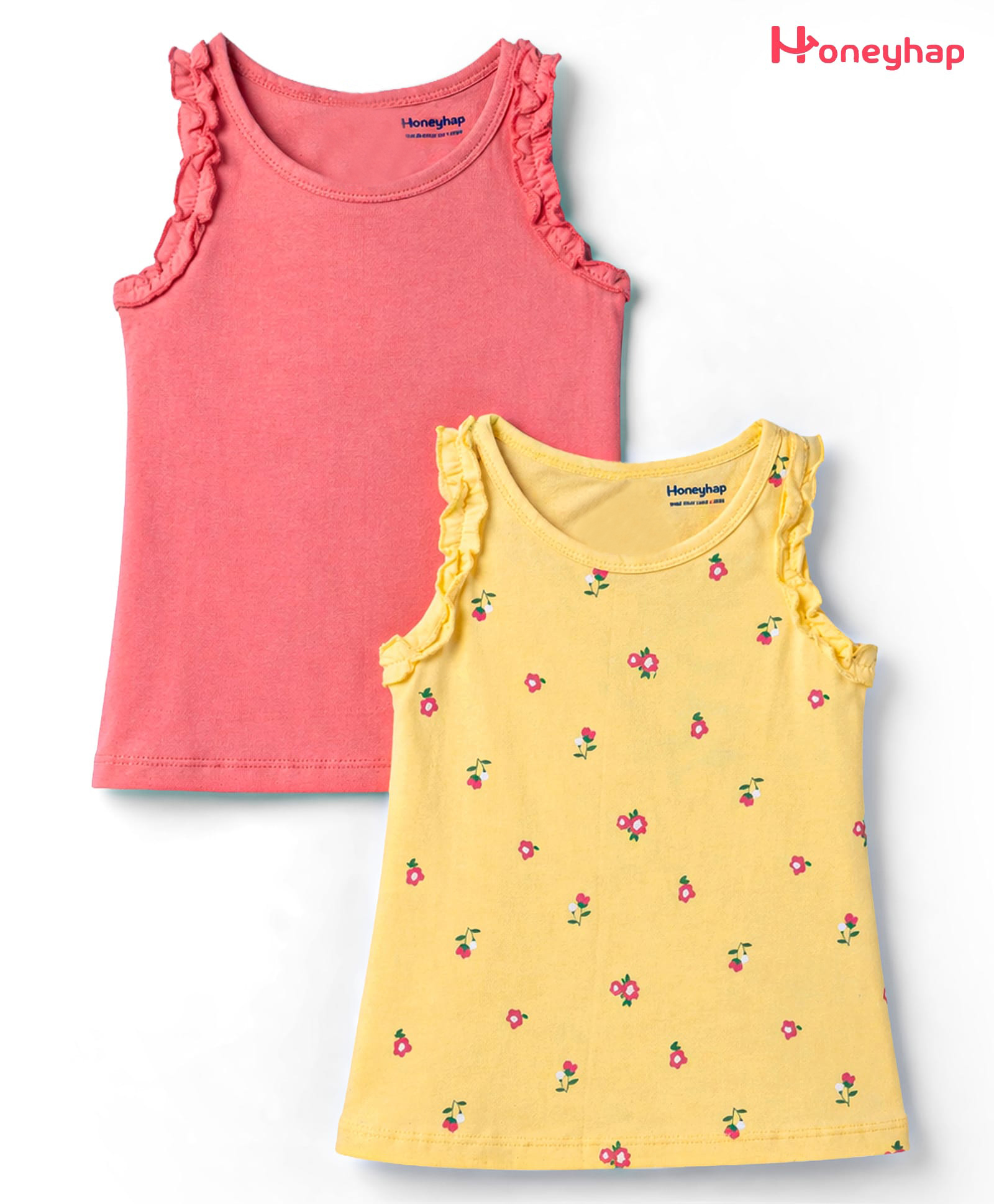 Honeyhap Premium Cotton Knit Sleeveless Ruffled Tops Pack of 2 - Hot Pink & Pale Banana-picture-19