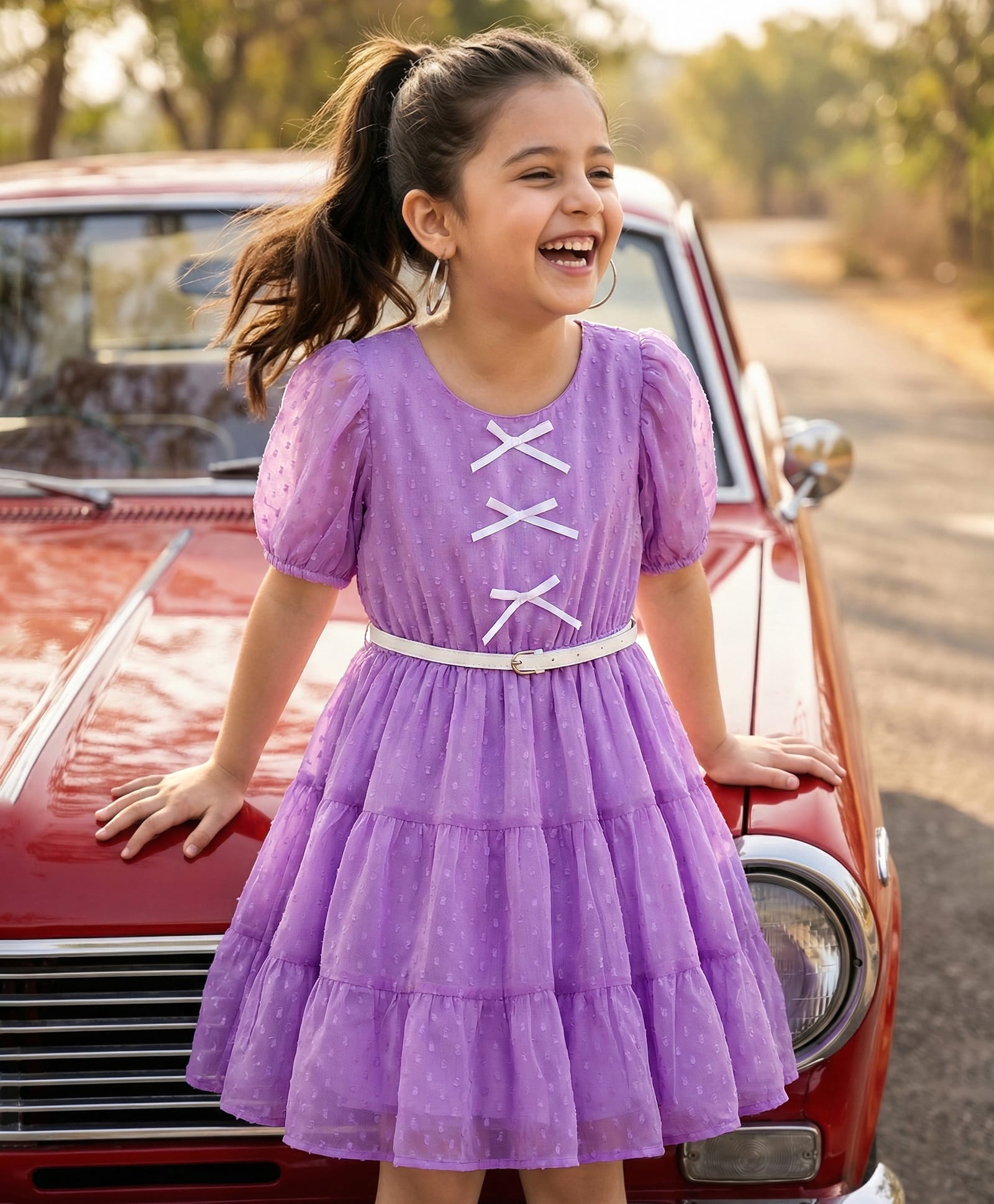 Hola Bonita Woven Half Sleeves Knee Length Solid Dress With Bow Applique & Belt -Lavender-image-4