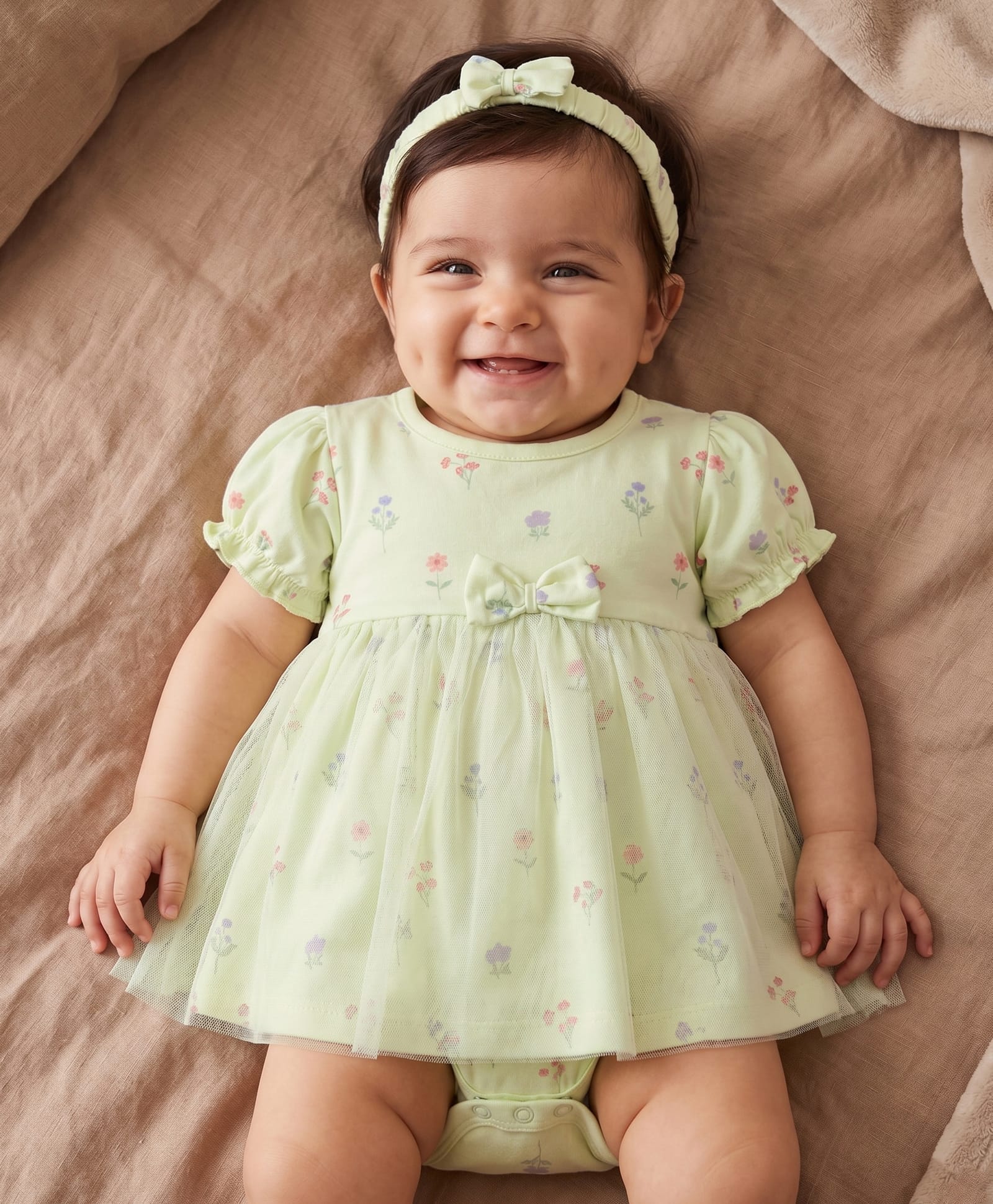 Babyhug 100% Cotton Knit Half Puffed Sleeves Floral Printed Frock Style Onesie with Headband & Bow Applique - Lime Green-image-19