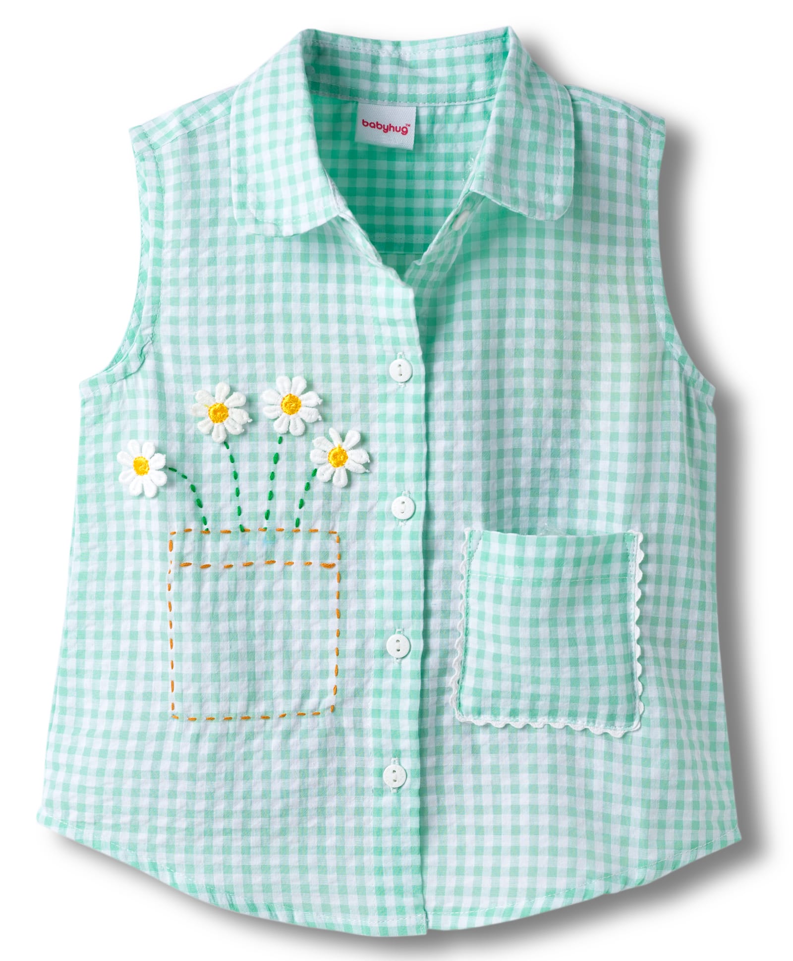 Babyhug Cotton Seer Sucker Woven Sleeveless Checkered Top with Crochet Flowers - Light Blue & White