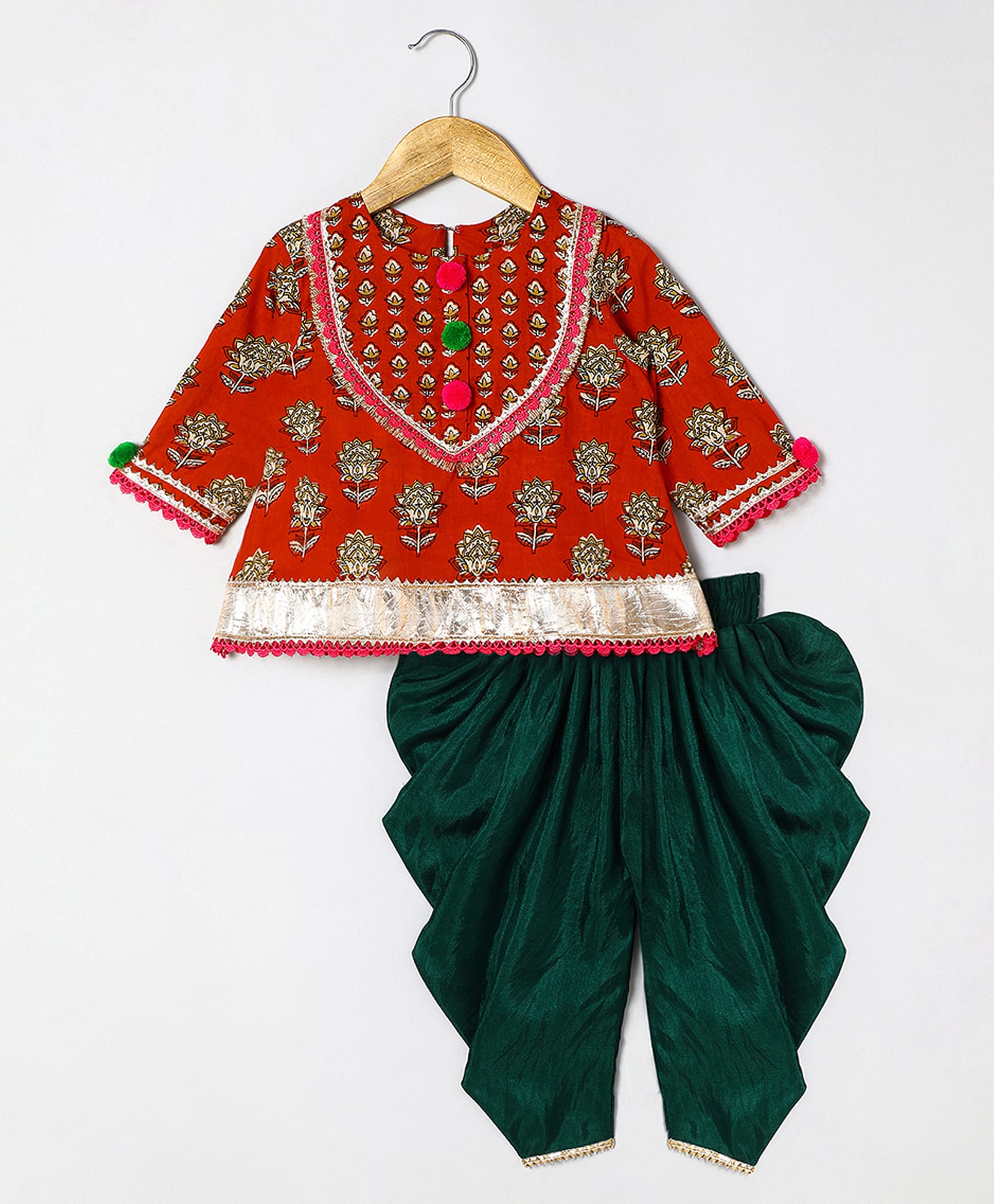BYB Premium Cotton Woven Full Sleeves Floral Printed Gota Patti Embellished Kurti & Dhoti Set - Maroon-picture-12