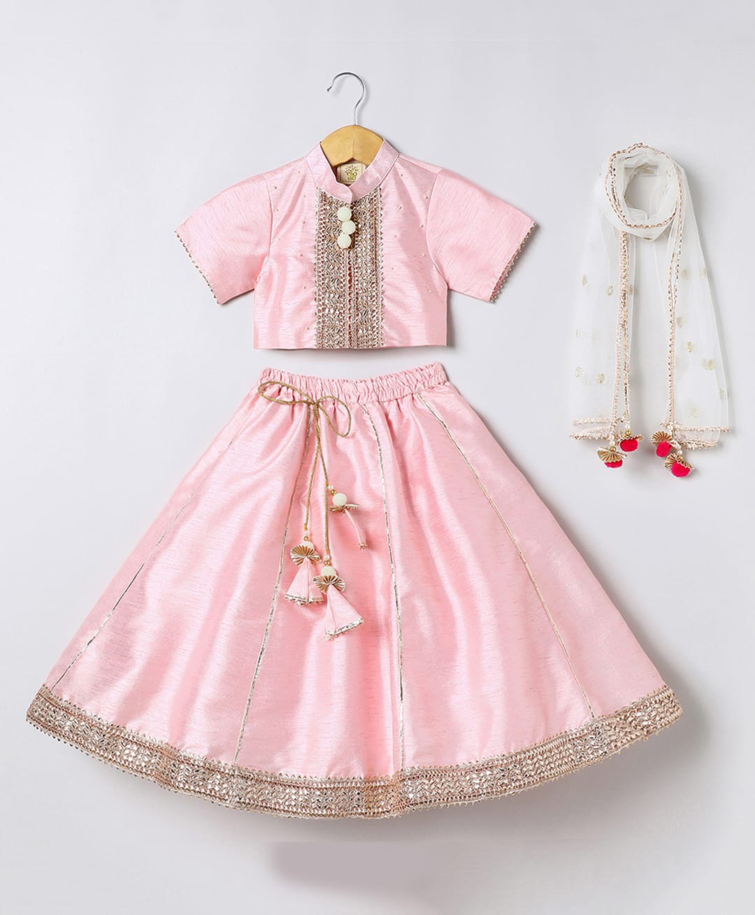 BYB Premium Silk Woven Half Sleeves Pearls & Lace Embellished Lehenha Choli Set With Dupatta - Baby Pink-image-1