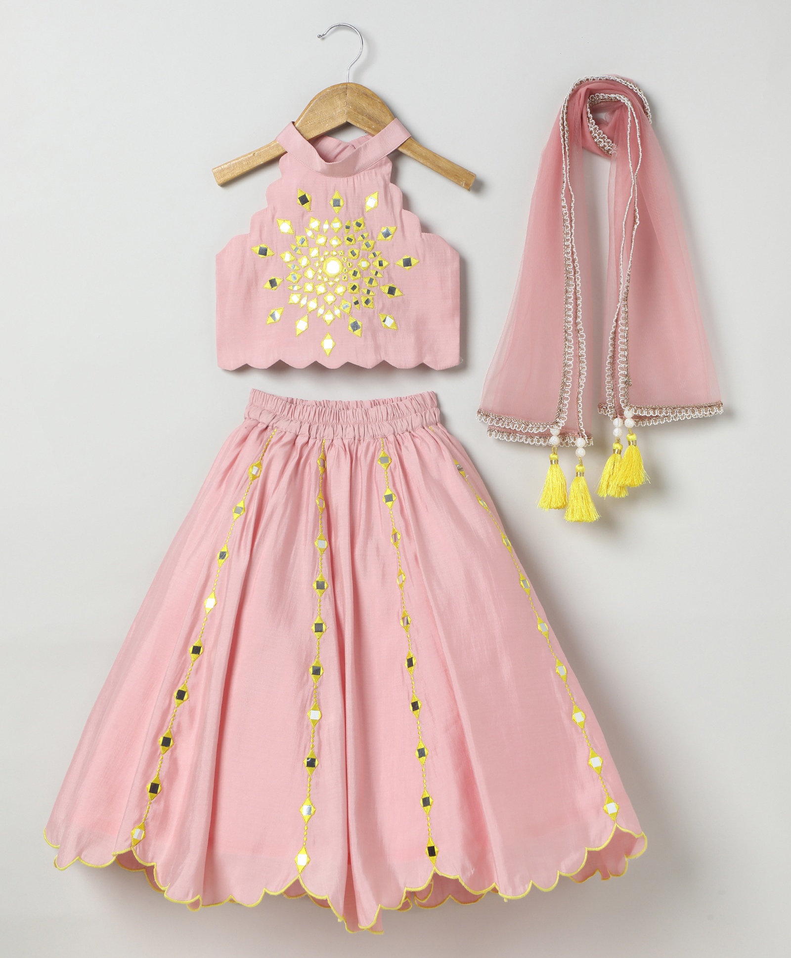 BYB Premium Chanderi Woven Sleeveless Geometric Embroidered & Mirror Work Detailed Lehenga Choli Set With Dupatta - Dusty Pink-image-19