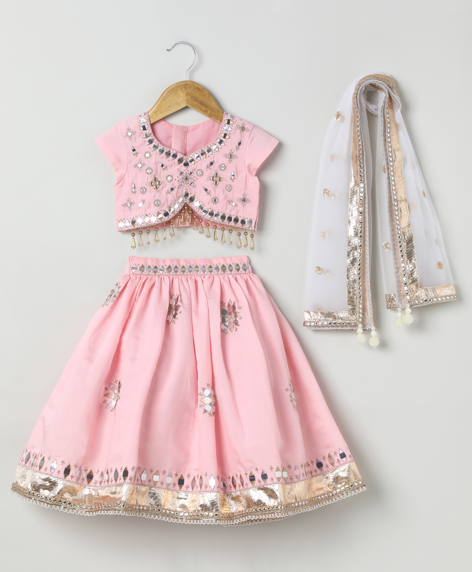 BYB Premium Chanderi Woven Half Sleeves Mirror Work Embellished & Beads Detailed Lehenga Choli Set With Dupatta - Baby Pink-image-38