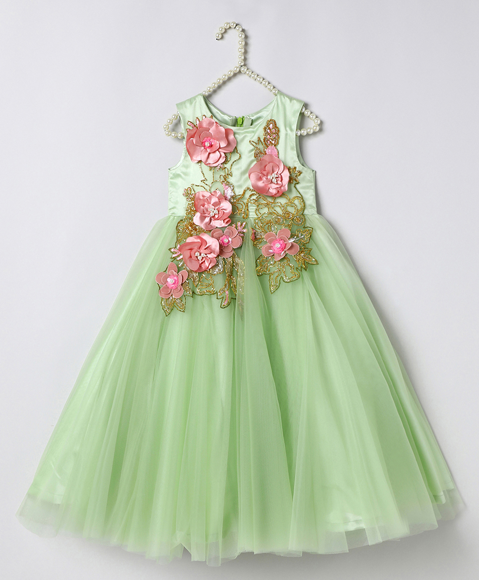 BYB Premium Net Woven Sleeveless Floral Applique Detailed Sequins & Beads Embellished Gown - Sea Green-picture-13
