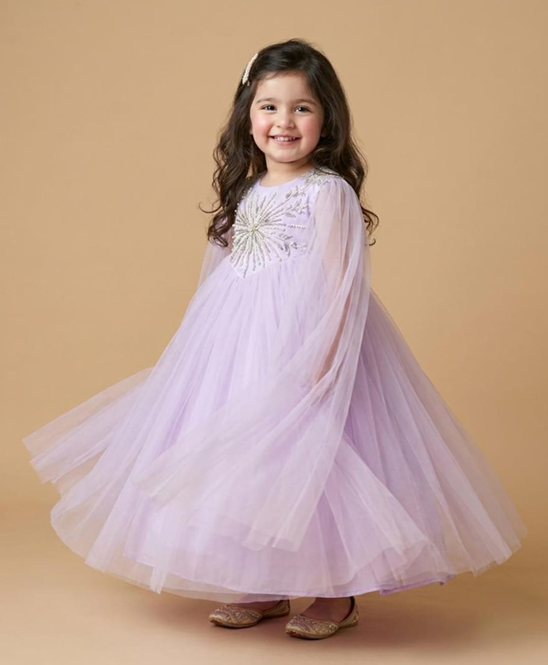 BYB Premium Net Woven Cape Sleeves Crystal Beads Embellished Floral Designed Gown - Lavender-picture-15