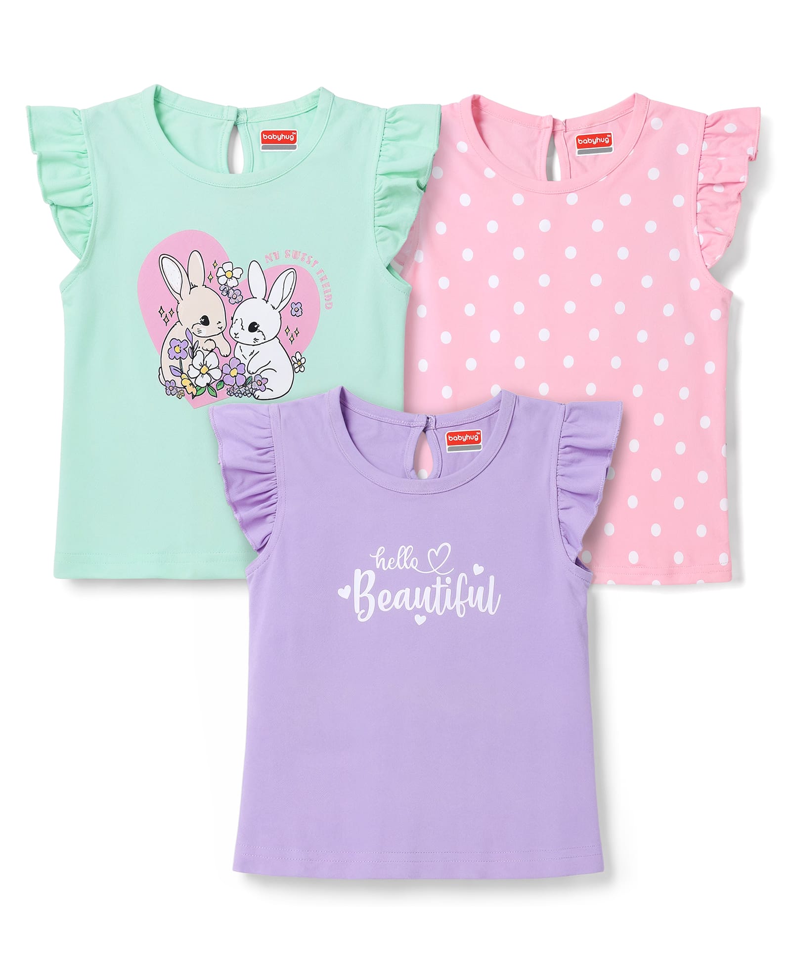 Babyhug 100% Cotton Knit Half Sleeves Polka Dots Bunny & Text Printed T-Shirts Pack of 3 - Pink Lilac & Sea Green-image-20