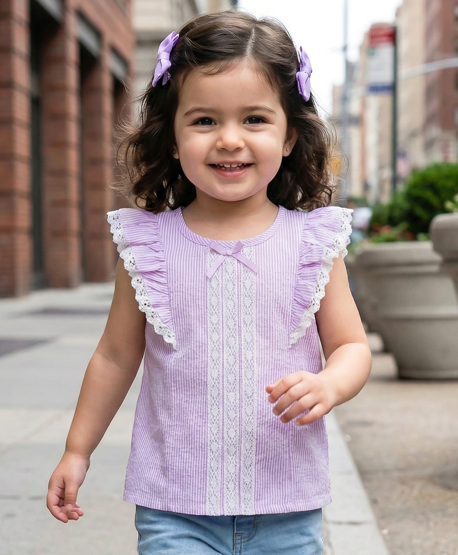 Babyhug Cotton Woven Sleeveless Striped Top with Lace & Frill Detailing - Lilac