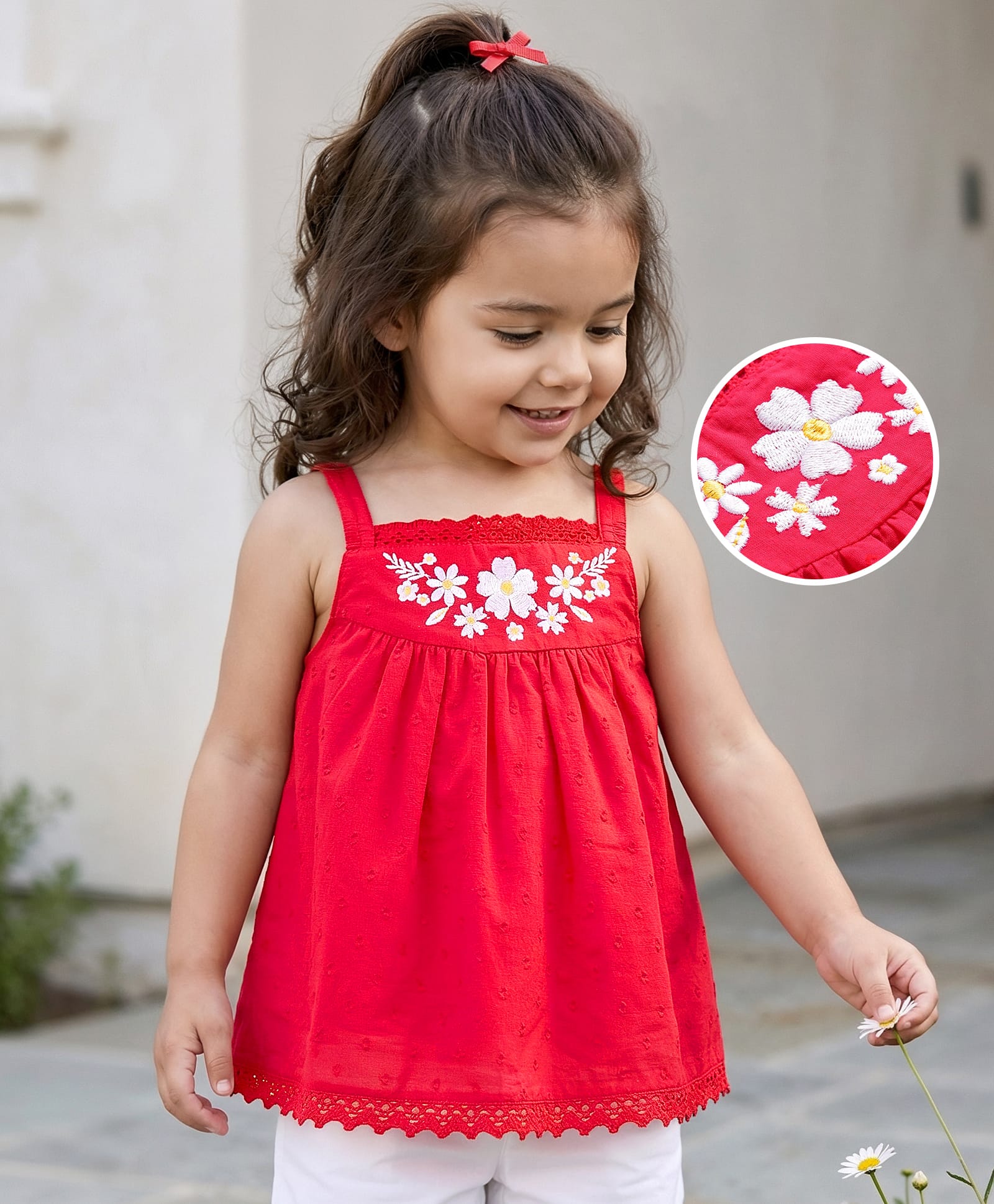 Babyhug Cotton Dobby Woven Sleeveless Top with Floral Embroidery - Red-picture-13