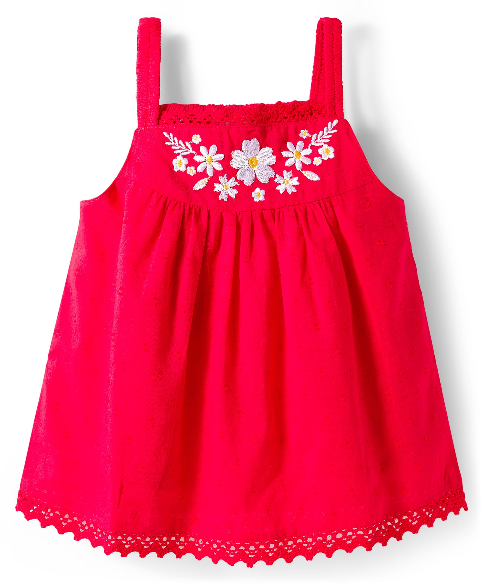 Babyhug Cotton Dobby Woven Sleeveless Top with Floral Embroidery - Red