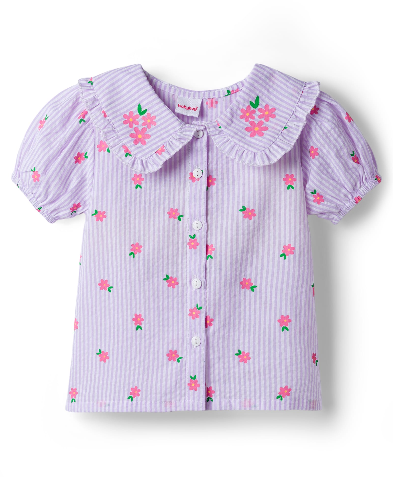 Babyhug Seer-Sucker Woven Half Sleeves Striped Top With Floral Print - Multicolor-image-49