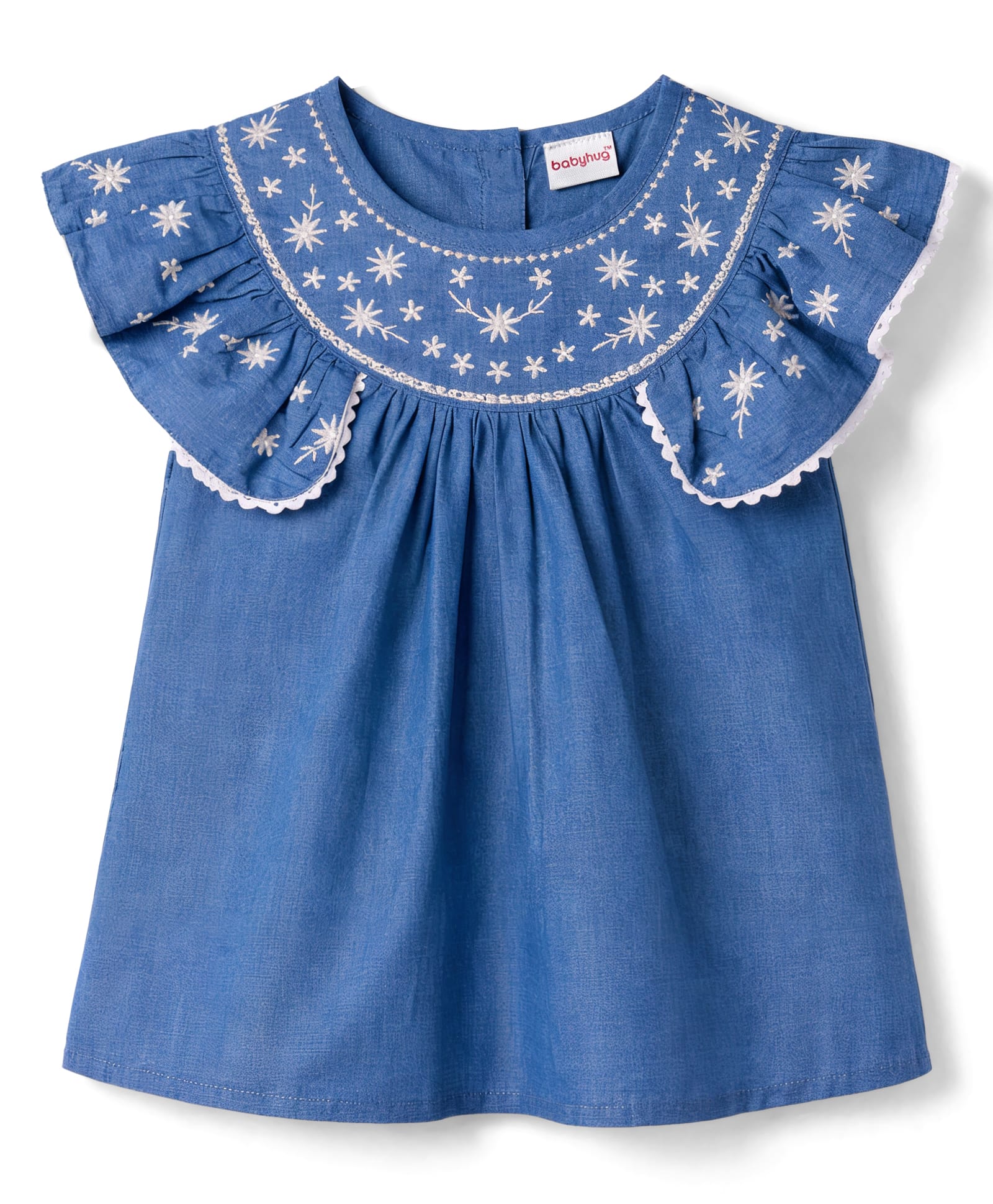 Babyhug 100% Cotton Chambray Woven Floral Embroidered Top - Blue-image-46
