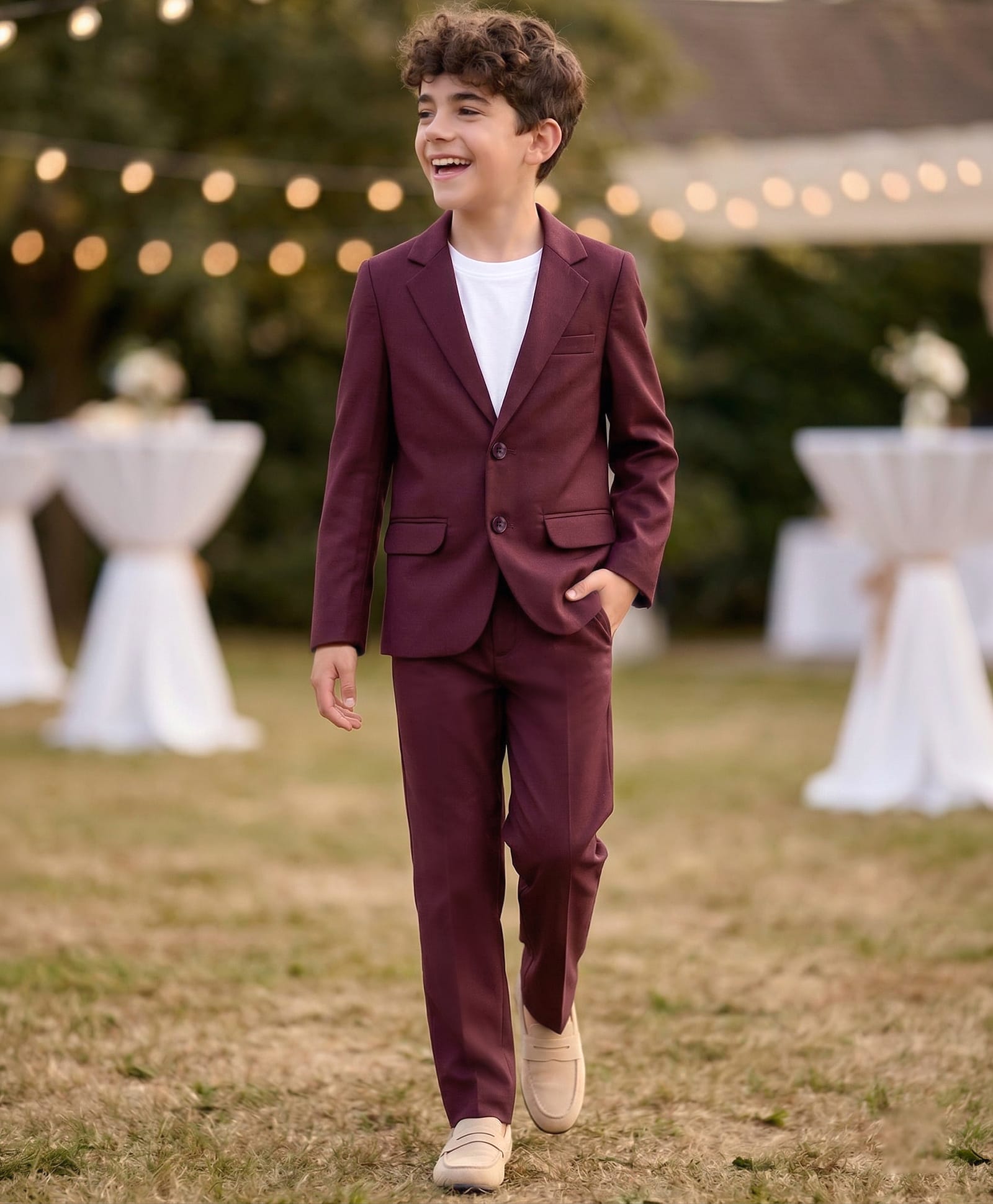 Pine Kids Knit Full Sleeves Solid Colour Party Blazer with T-Shirt & Trouser Set - Wine-picture-38