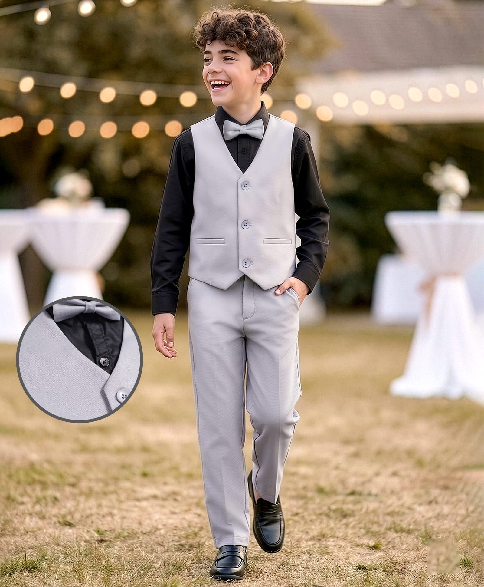 Pine Kids Knit Full Sleeves Solid Color 3 Piece Party Suit with Bow - Light Grey-picture-36