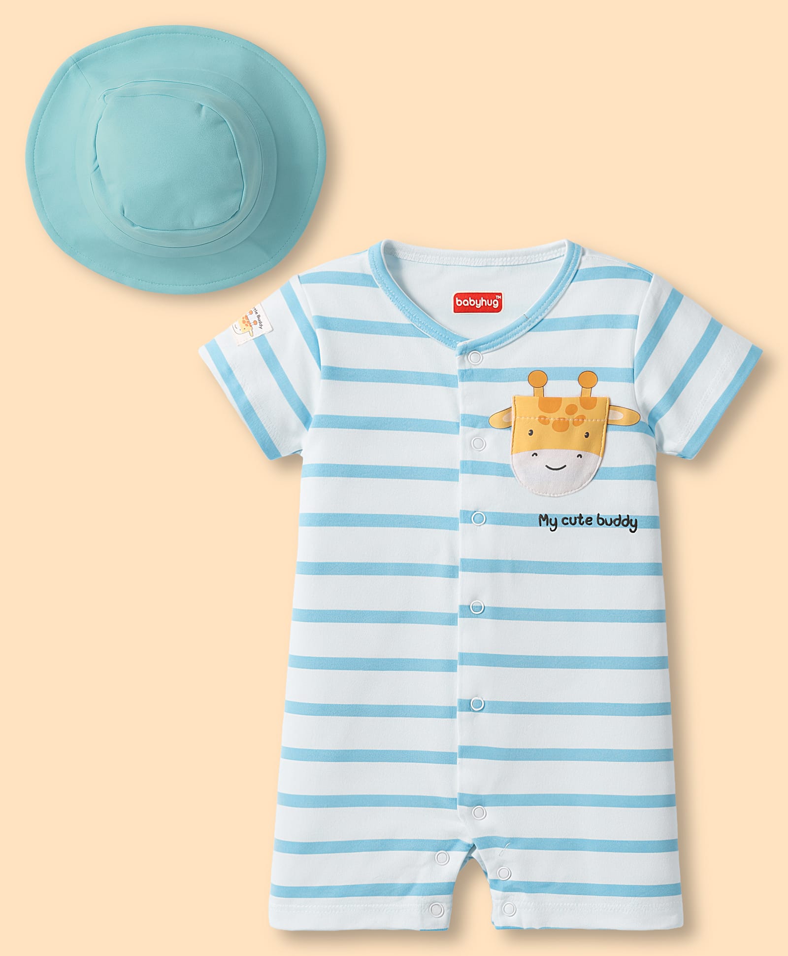 Babyhug 100% Cotton Knit Half Sleeves Striped Romper with Giraffe Print & Cap - Multicolor-image-38